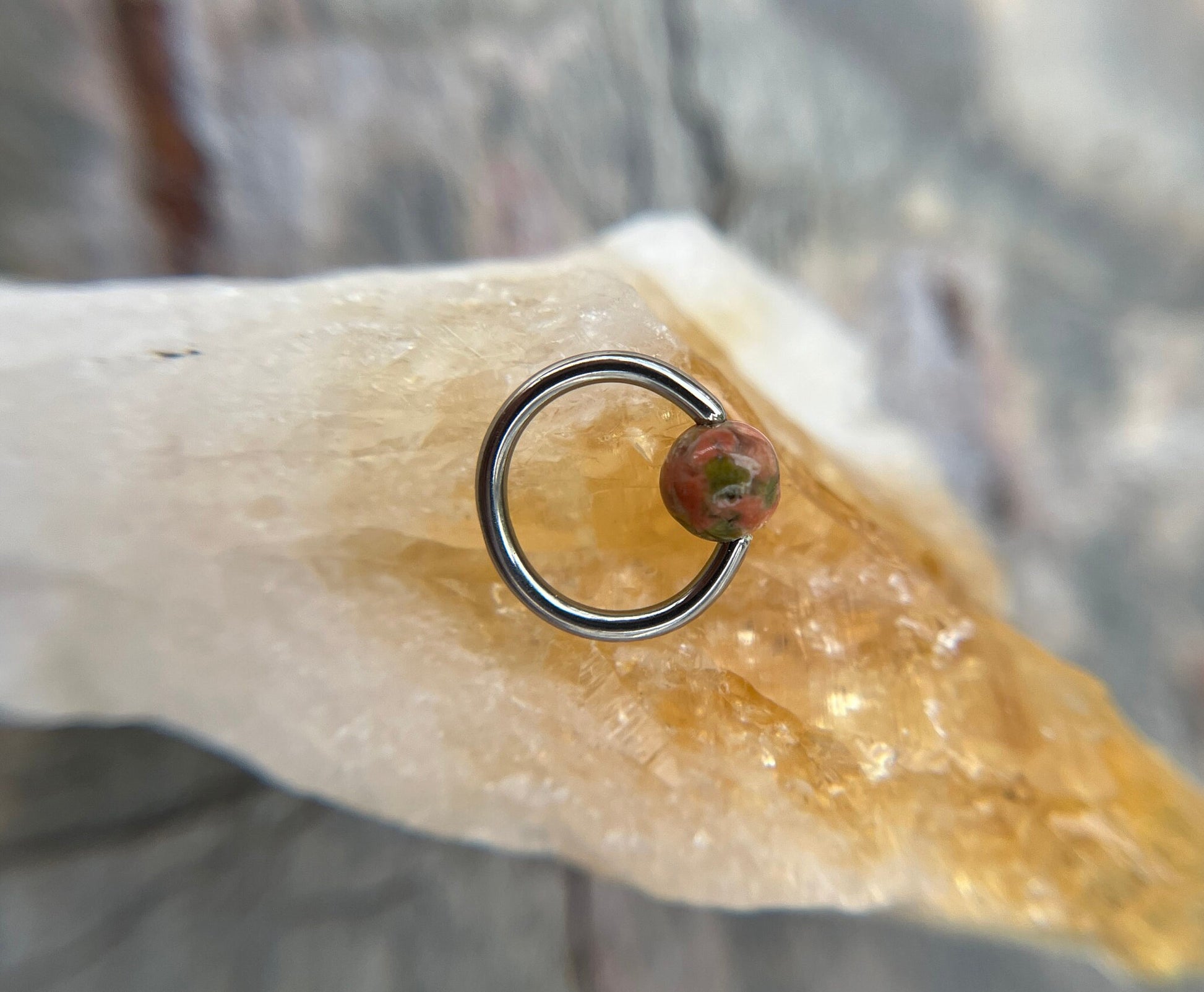 Natural Unakite Stone Bead Steel CBR Ring Hoop 16G (1.2mm) 14G (1.6mm) Nose Cartilage Septum Lip Piercing 316L Surgical Hypoallergenic
