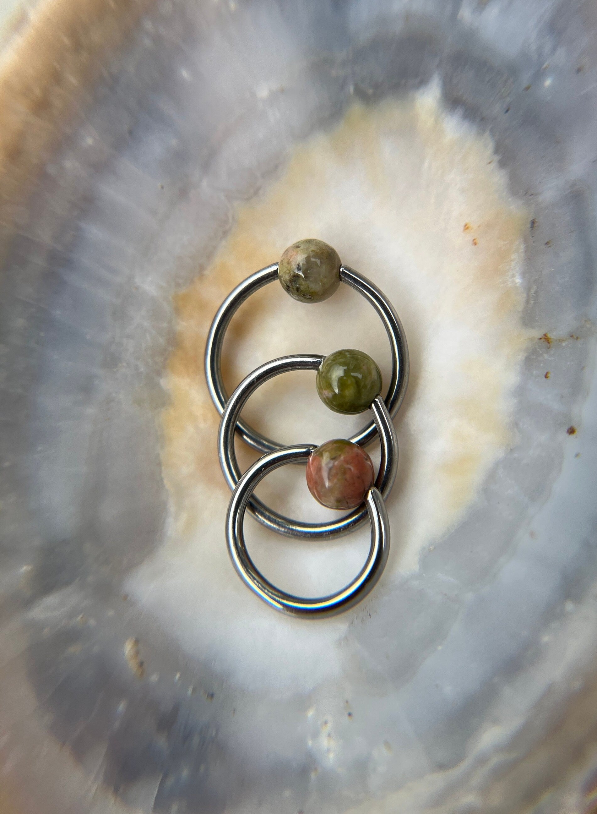 Natural Unakite Stone Bead Steel CBR Ring Hoop 16G (1.2mm) 14G (1.6mm) Nose Cartilage Septum Lip Piercing 316L Surgical Hypoallergenic