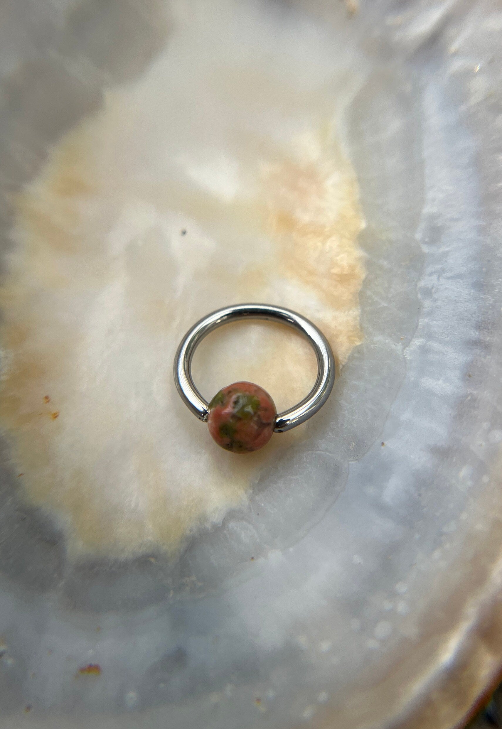 Natural Unakite Stone Bead Steel CBR Ring Hoop 16G (1.2mm) 14G (1.6mm) Nose Cartilage Septum Lip Piercing 316L Surgical Hypoallergenic