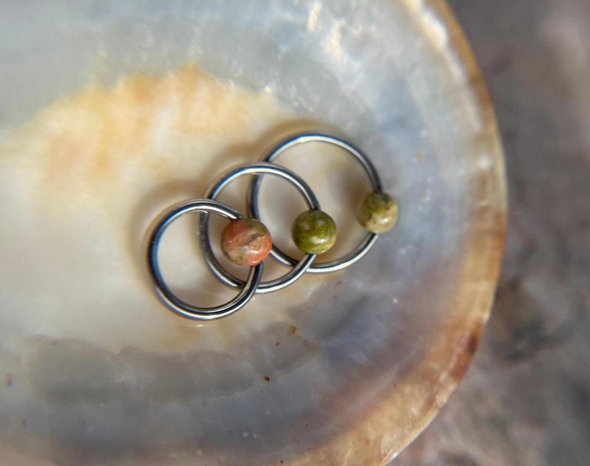 Pure Titanium T-23 Implant Grade Natural Unakite Jasper Stone Bead CBR Ring Hoop 16G (1.2mm) 14G (1.6mm) Nose Helix Septum Lip Piercing