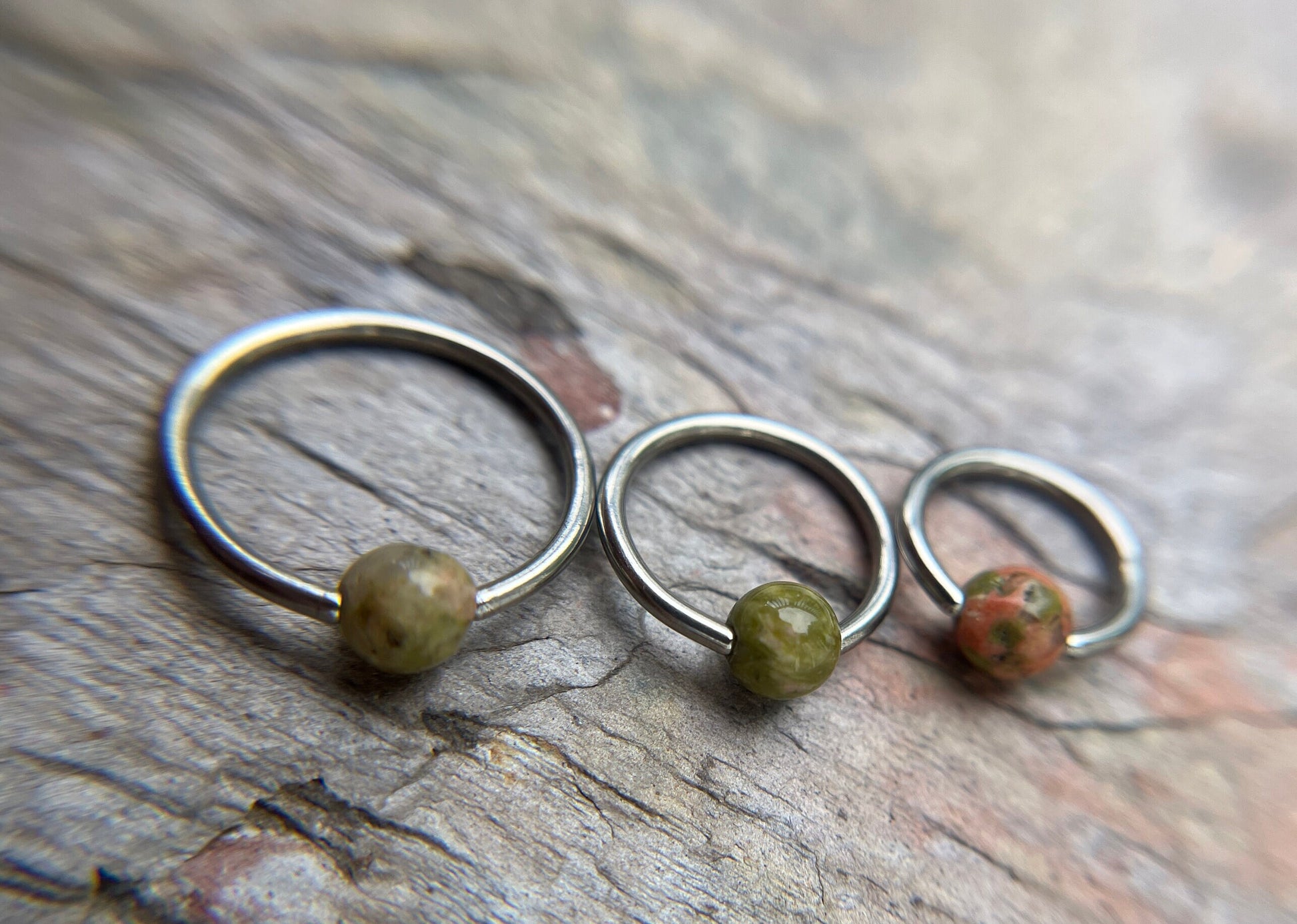 Pure Titanium T-23 Implant Grade Natural Unakite Jasper Stone Bead CBR Ring Hoop 16G (1.2mm) 14G (1.6mm) Nose Helix Septum Lip Piercing