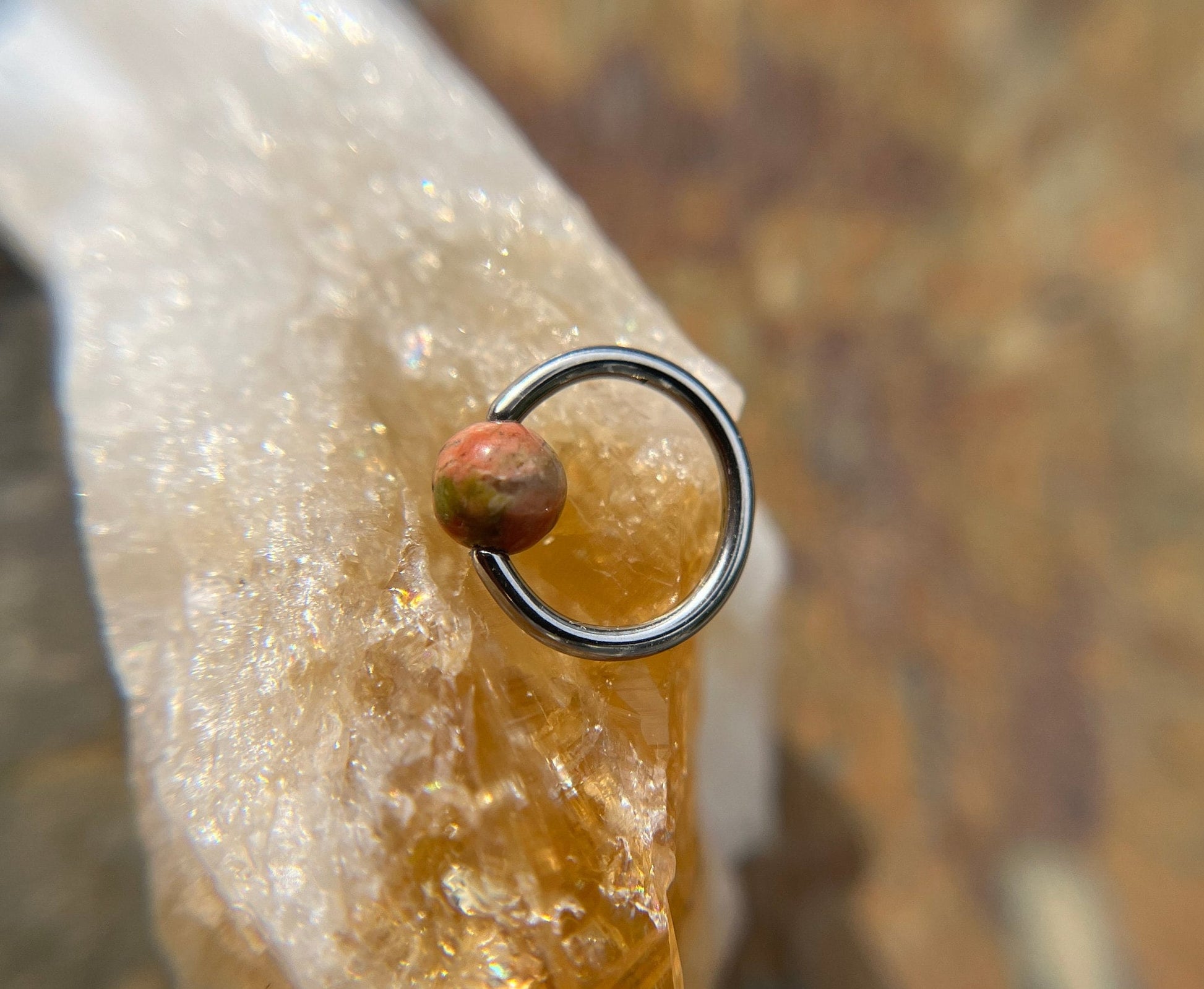 Pure Titanium T-23 Implant Grade Natural Unakite Jasper Stone Bead CBR Ring Hoop 16G (1.2mm) 14G (1.6mm) Nose Helix Septum Lip Piercing