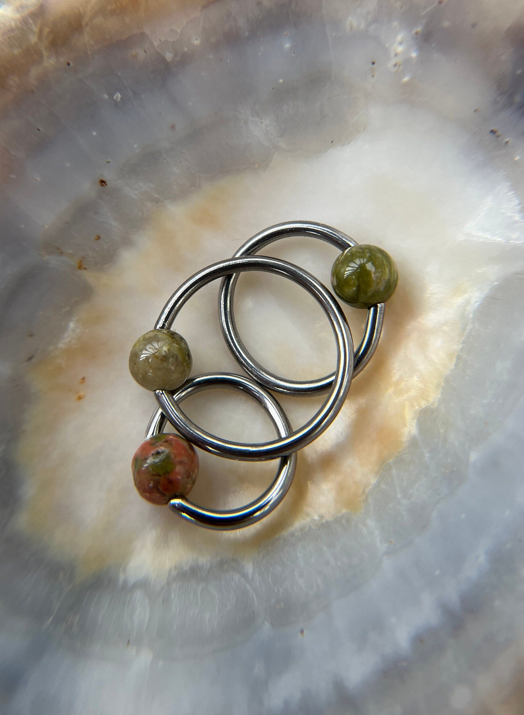 Pure Titanium T-23 Implant Grade Natural Unakite Jasper Stone Bead CBR Ring Hoop 16G (1.2mm) 14G (1.6mm) Nose Helix Septum Lip Piercing
