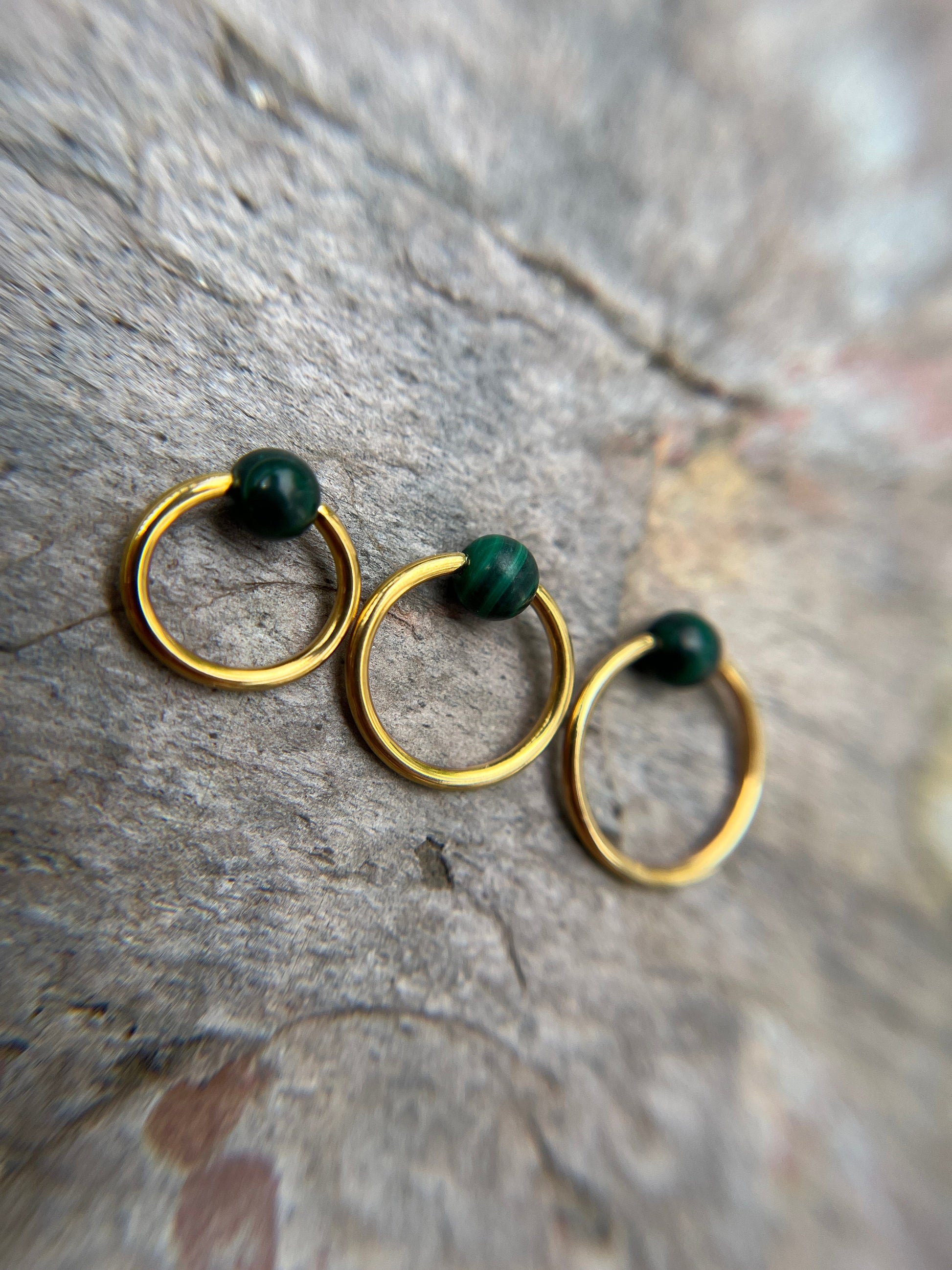 Genuine Malachite Natural Stone Bead Gold Titanium Ion Plated CBR Ring Hoop 16G (1.2mm) 14G (1.6mm) Nose Cartilage Septum Piercing