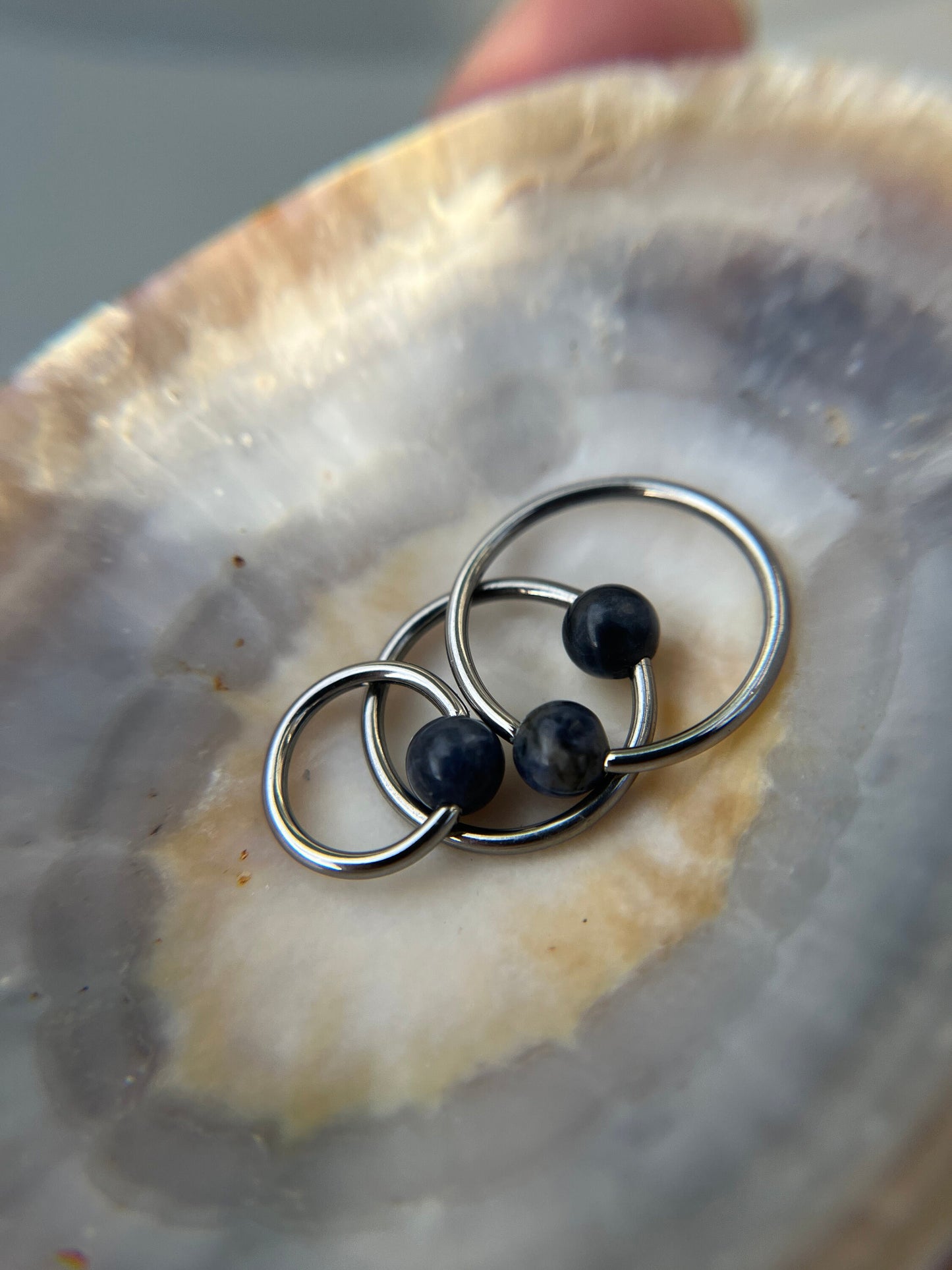 Natural Blue Sodalite Stone Bead Steel CBR Ring Hoop 16G (1.2mm) 14G (1.6mm) Nose Cartilage Septum Piercing 316L Surgical Hypoallergenic
