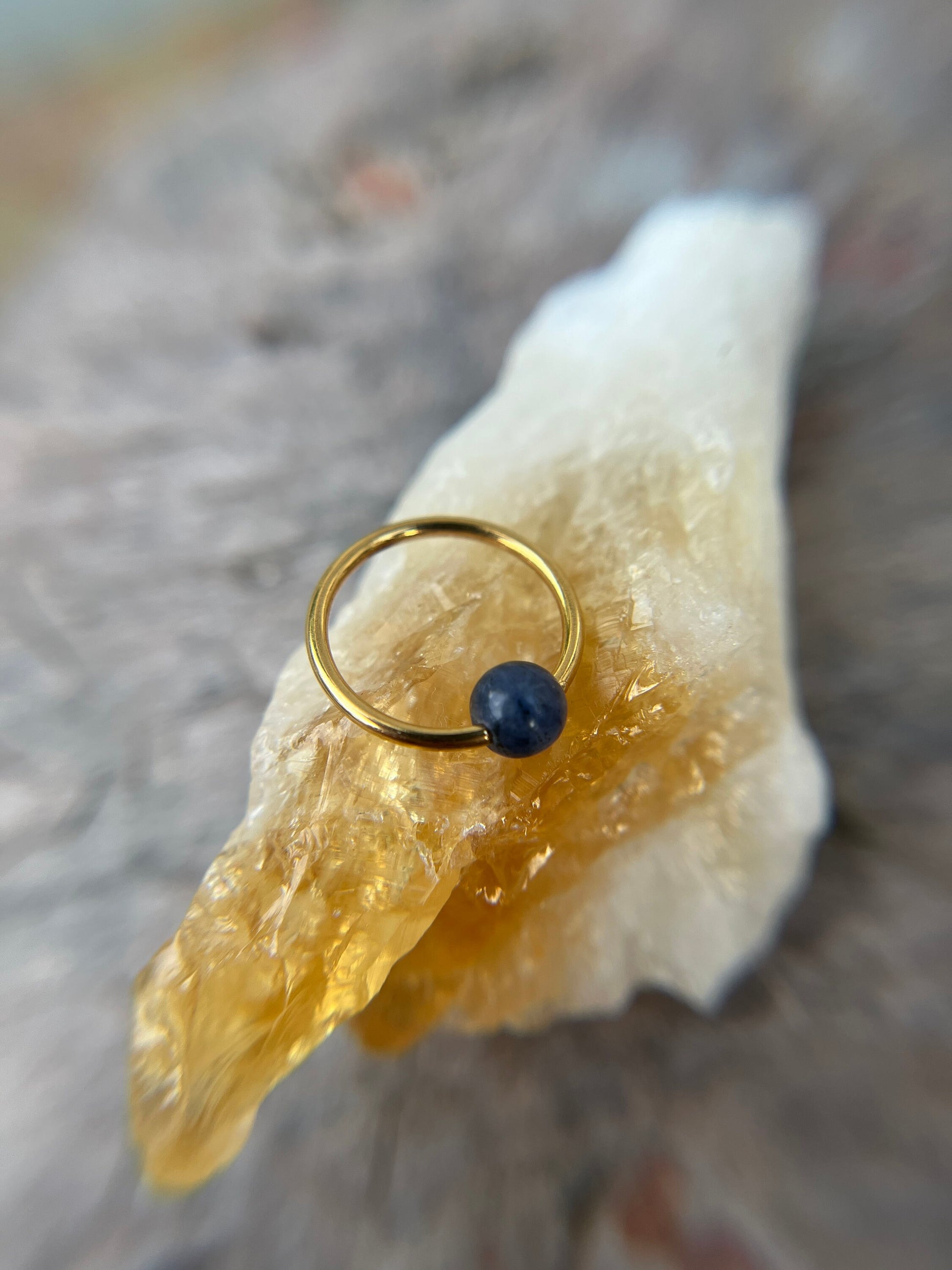 Natural Blue Sodalite Stone Bead Gold Titanium Plated CBR Ring Hoop 16G (1.2mm) 14G (1.6mm) Nose Cartilage Septum Piercing 316L Steel