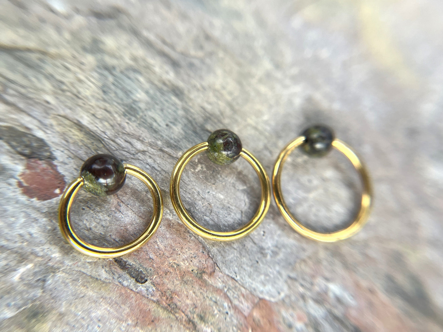 Natural Dragon's Blood Jasper Stone Bead Gold Titanium Plated CBR Ring Hoop 16G (1.2mm) 14G (1.6mm) Nose Cartilage Septum Piercing Steel