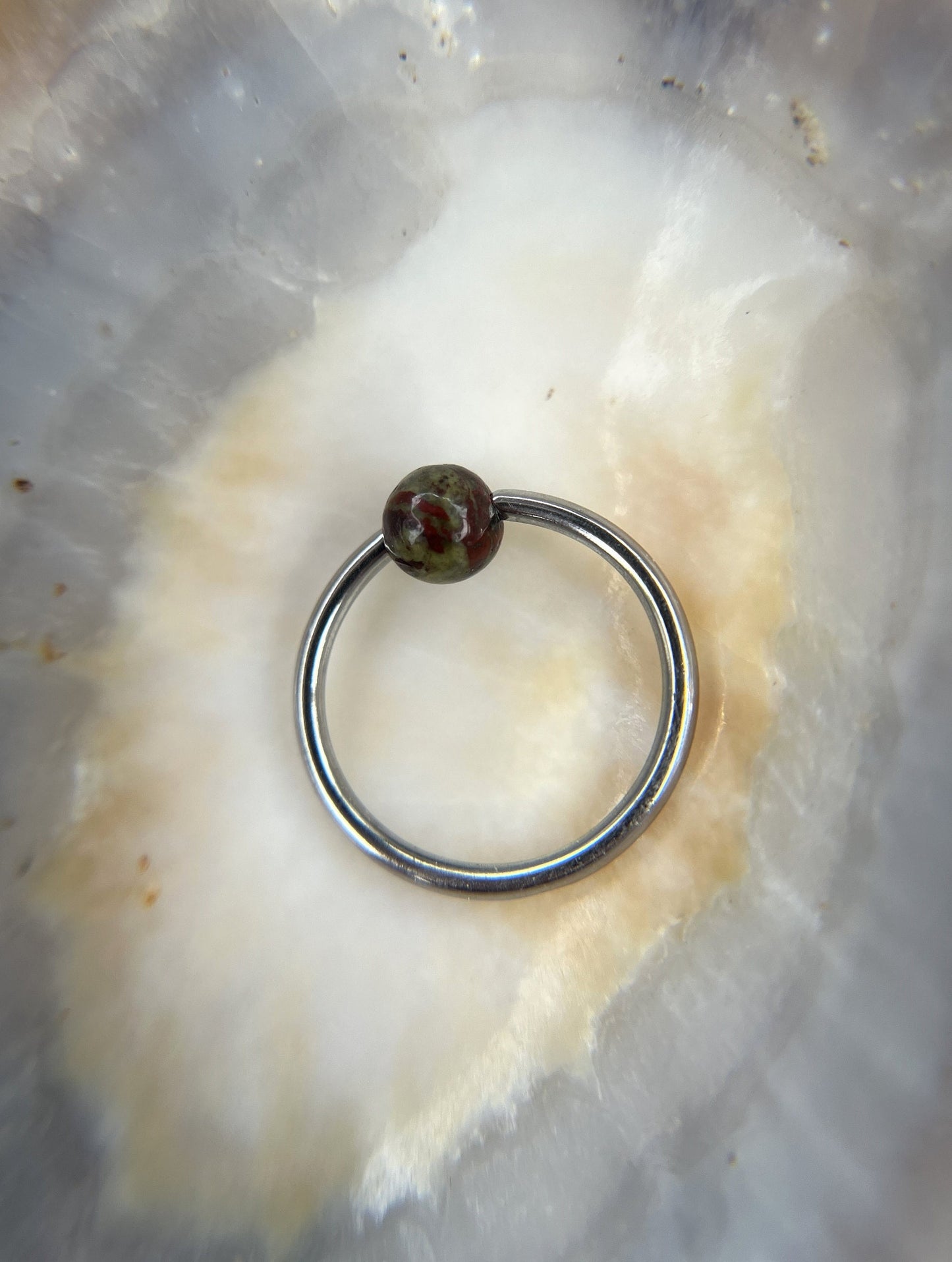 Pure Titanium T-23 Implant Grade Natural Dragon's Blood Jasper Stone Bead CBR Ring Hoop 16G (1.2mm) 14G (1.6mm) Nose Septum Lip Piercing