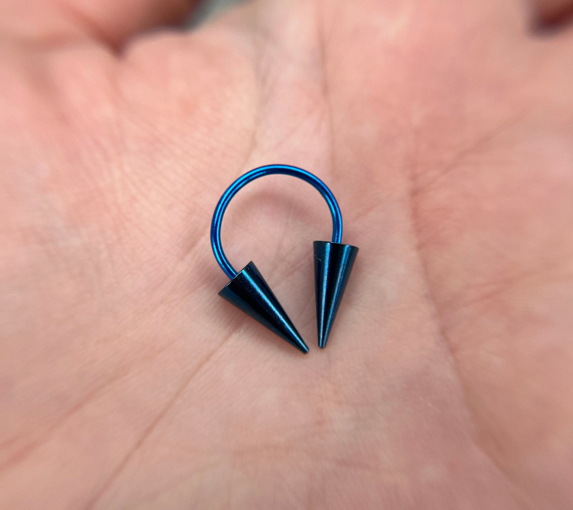 Cobalt Blue Titanium Ion Plated Extra Long Spikes 16G (1.2mm) Horseshoe Ring Septum Nose Cartilage Piercing Steel Spiked Punk Rock Piercings