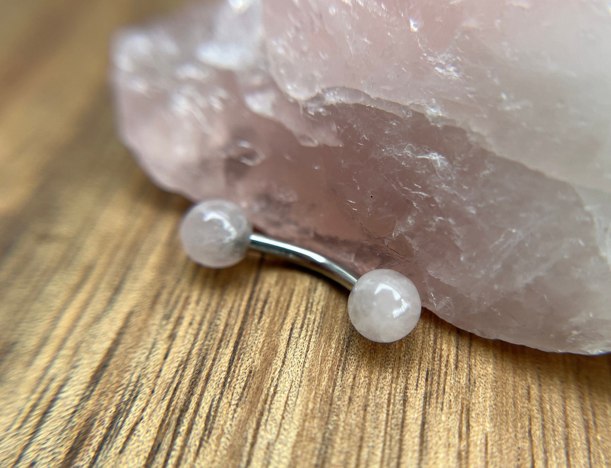 Petite Natural Pink Rose Quartz Stones Pure Titanium Implant Grade 6Al-4V-Eli ASTM F VCH Floating Belly Ring Barbells 14G (1.6mm) Piercing