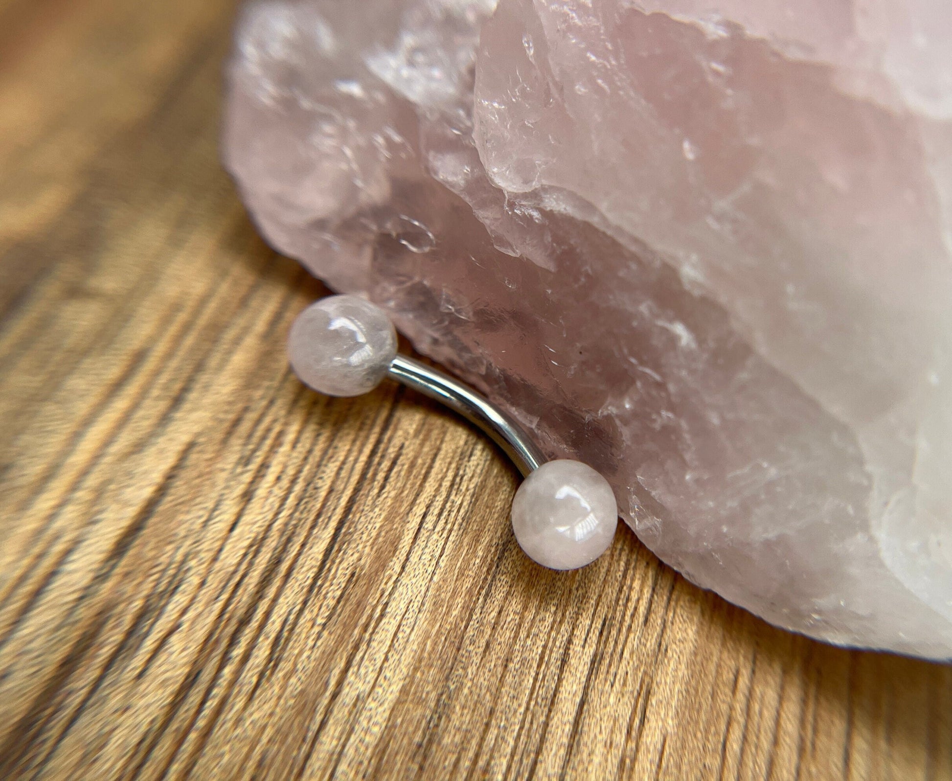 Petite Natural Pink Rose Quartz Stones Pure Titanium Implant Grade 6Al-4V-Eli ASTM F VCH Floating Belly Ring Barbells 14G (1.6mm) Piercing