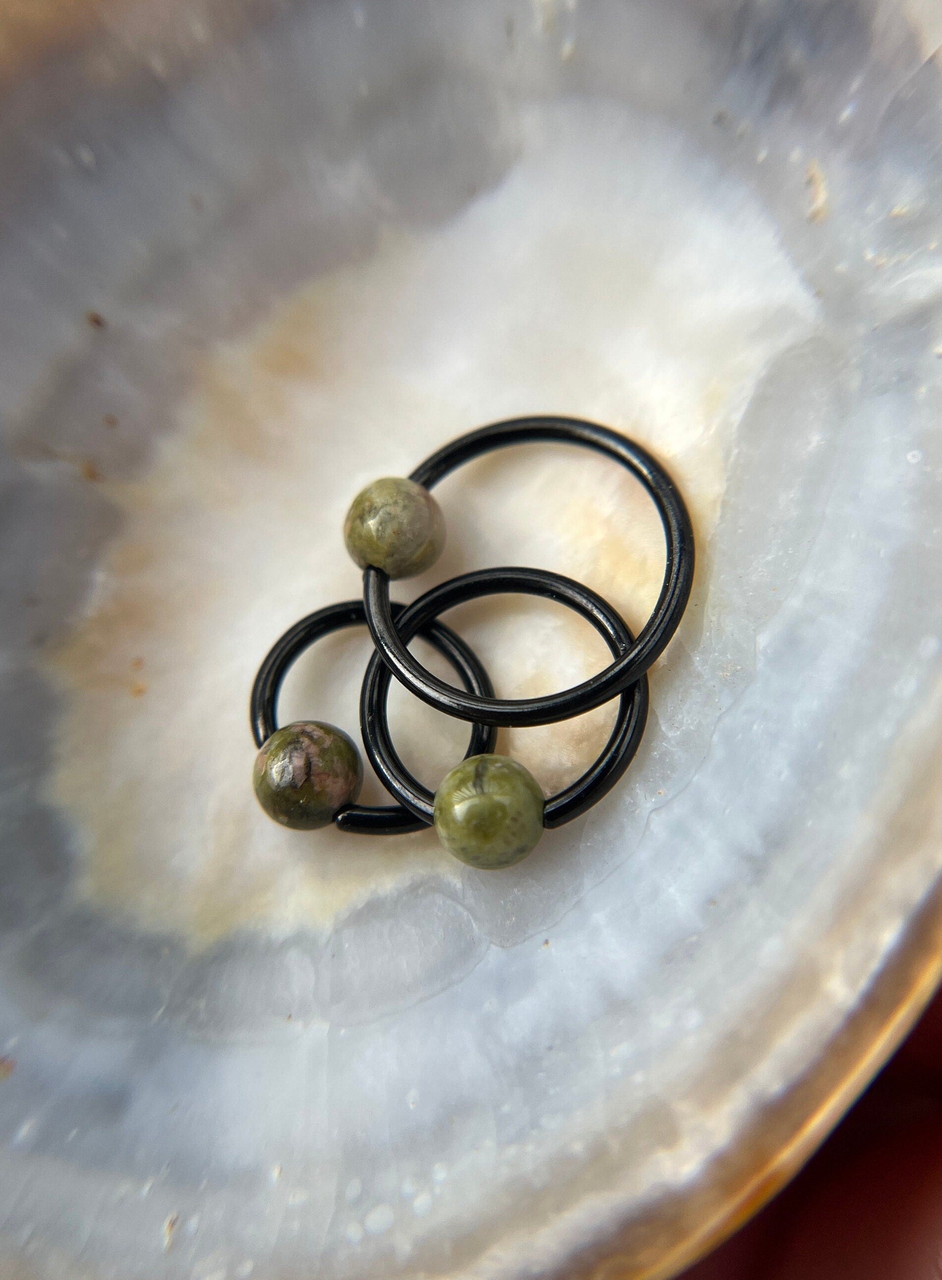 Natural Unakite Jasper Stone Bead Black Titanium Plated CBR Ring Hoop 16G (1.2mm) 14G (1.6mm) Nose Cartilage Septum Piercing 316L Steel