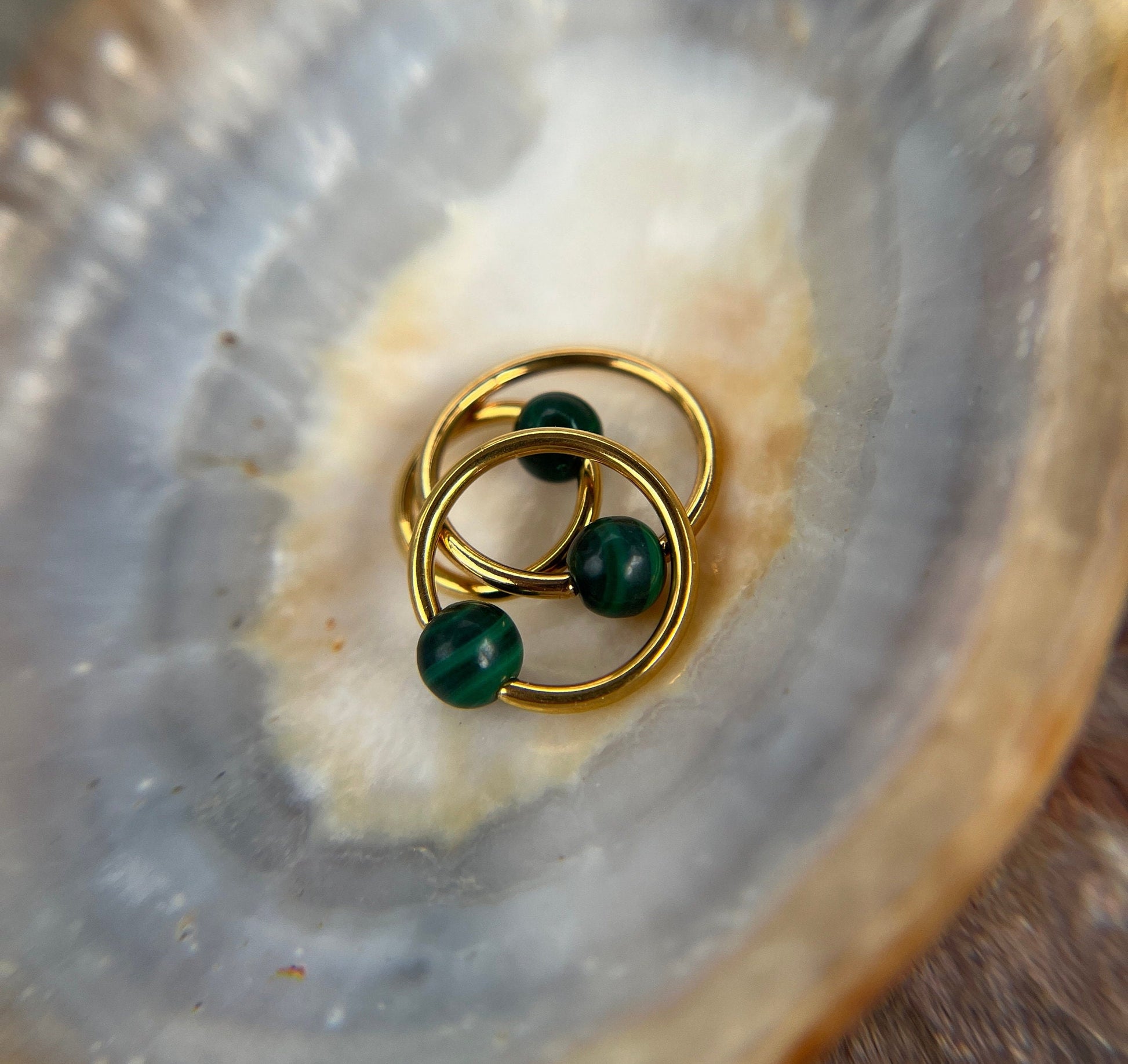 Genuine Malachite Natural Stone Bead Gold Titanium Ion Plated CBR Ring Hoop 16G (1.2mm) 14G (1.6mm) Nose Cartilage Septum Piercing
