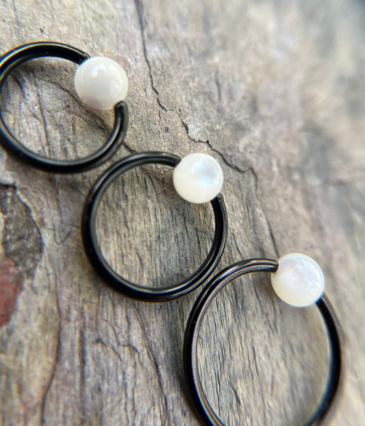 Natural Mother of Pearl Shell Bead Black Titanium Plated CBR Ring Hoop 16G (1.2mm) 14G (1.6mm) Nose Cartilage Septum Piercing 316L Steel