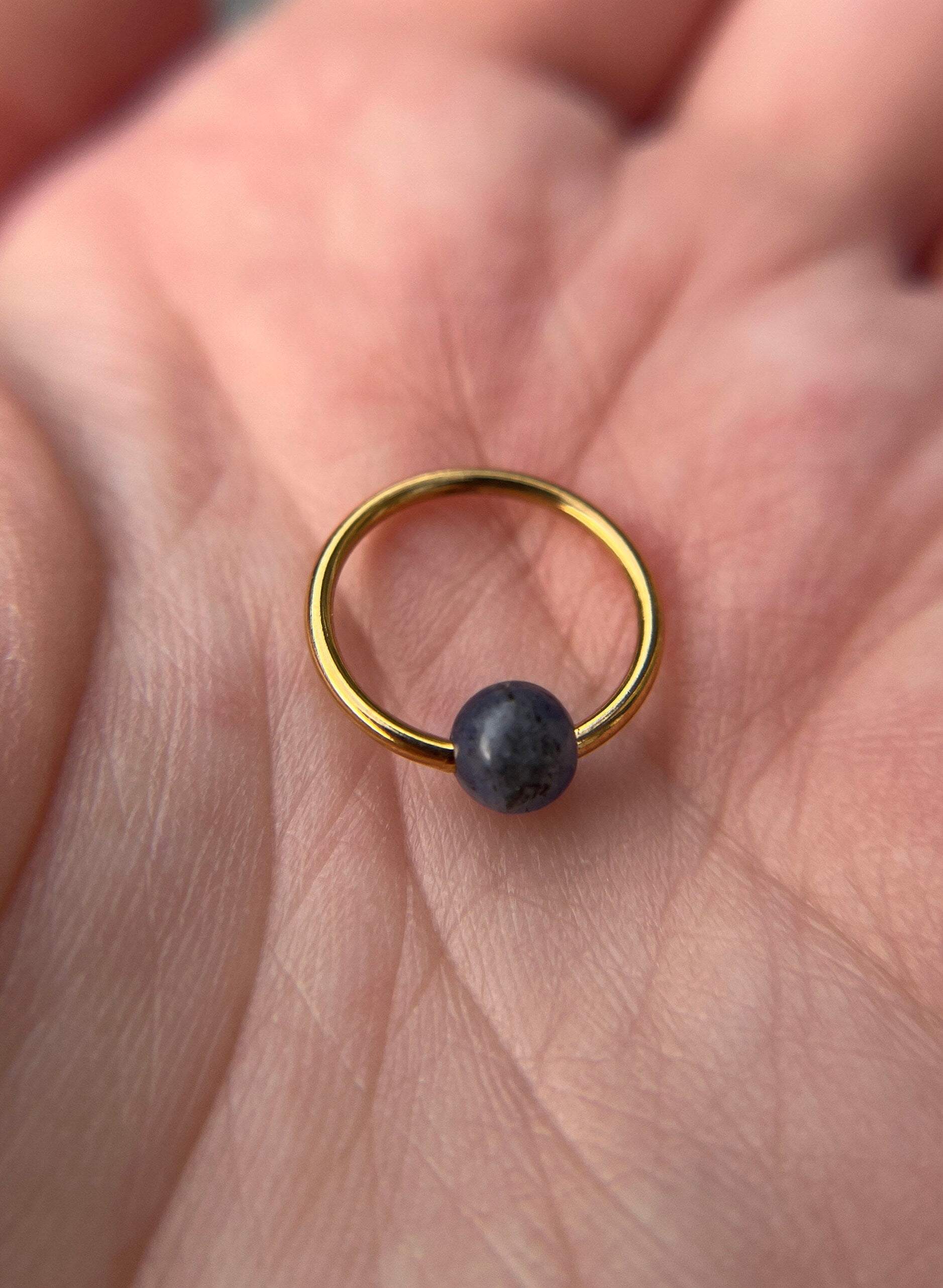 Natural Blue Sodalite Stone Bead Gold Titanium Plated CBR Ring Hoop 16G (1.2mm) 14G (1.6mm) Nose Cartilage Septum Piercing 316L Steel