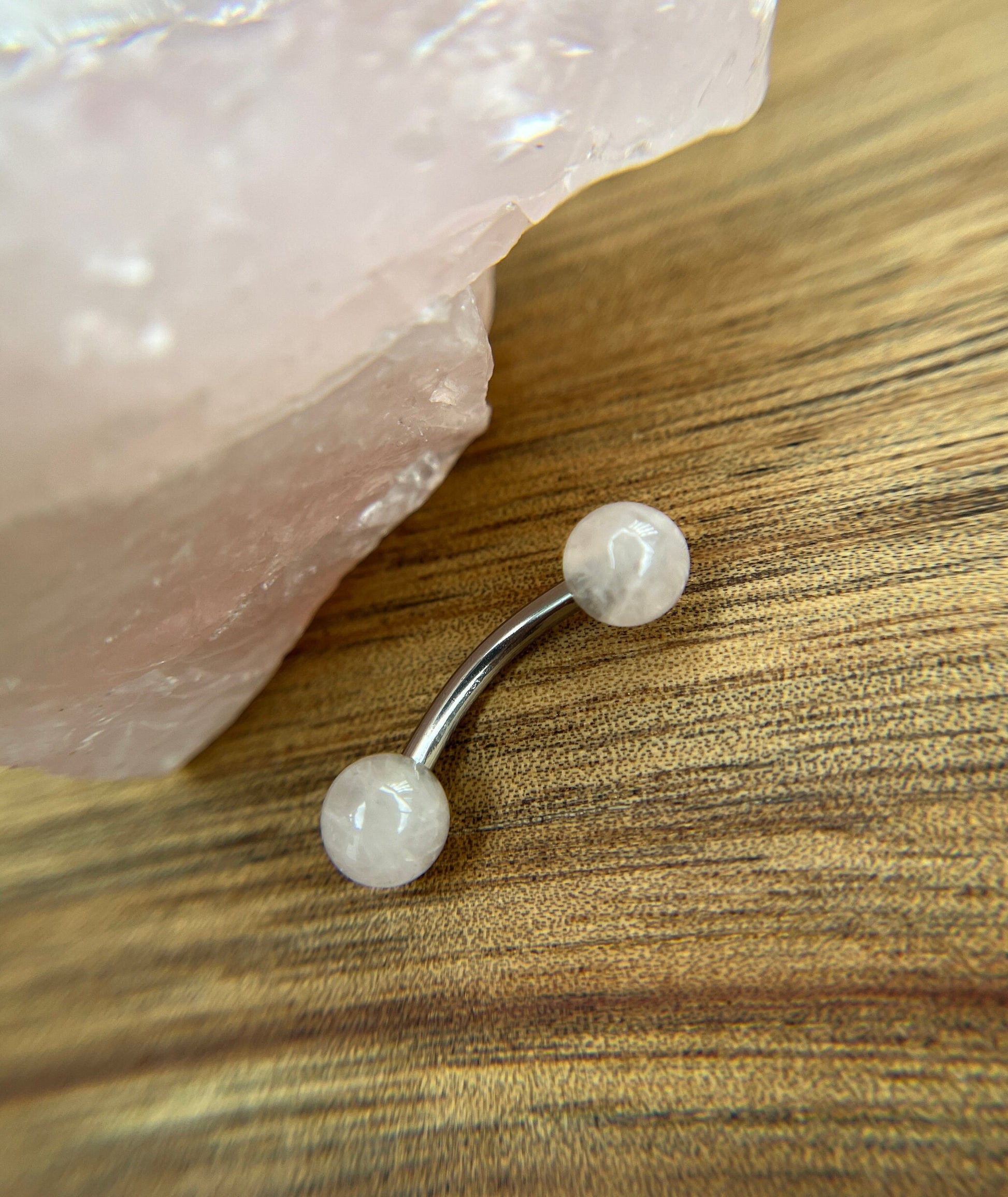 Petite Natural Pink Rose Quartz Stones Pure Titanium Implant Grade 6Al-4V-Eli ASTM F VCH Floating Belly Ring Barbells 14G (1.6mm) Piercing