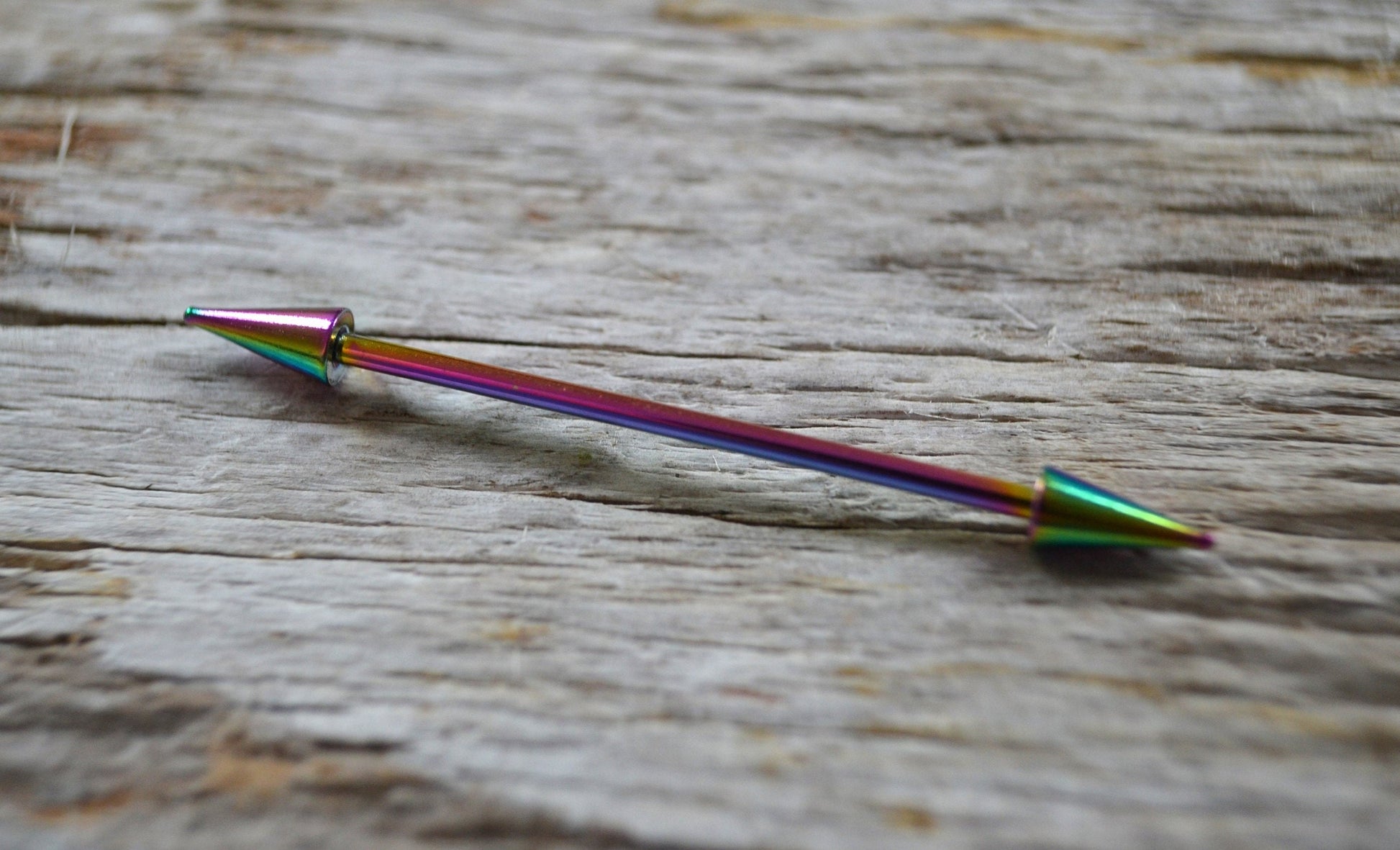 Rainbow Titanium Ion Plated Spiked Industrial Scaffold Bar Barbells 14G (1.6mm) Piercing Piercings Barbell Long Spikes Surgical Steel