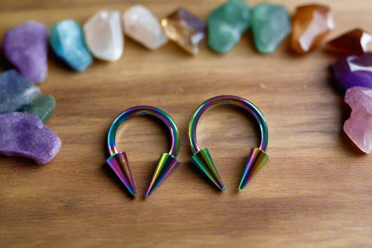 THICK Rainbow Titanium IP 14G (1.6mm) Long Spikes Horseshoe Ring Septum Piercing Barbell Curved Spiked Surgical Steel Gauged Up