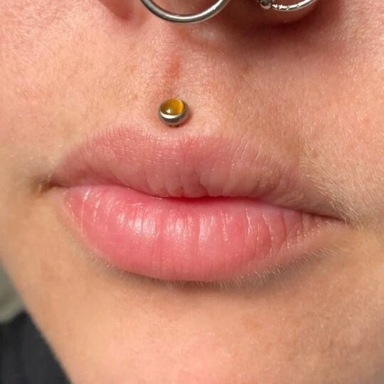 Natural Yellow Tiger's Eye Stone Flatback Labret Surgical Steel 18G (1.0mm) 16G (1.2mm) Cartilage Tragus Lip Labret Monroe Piercing Silver