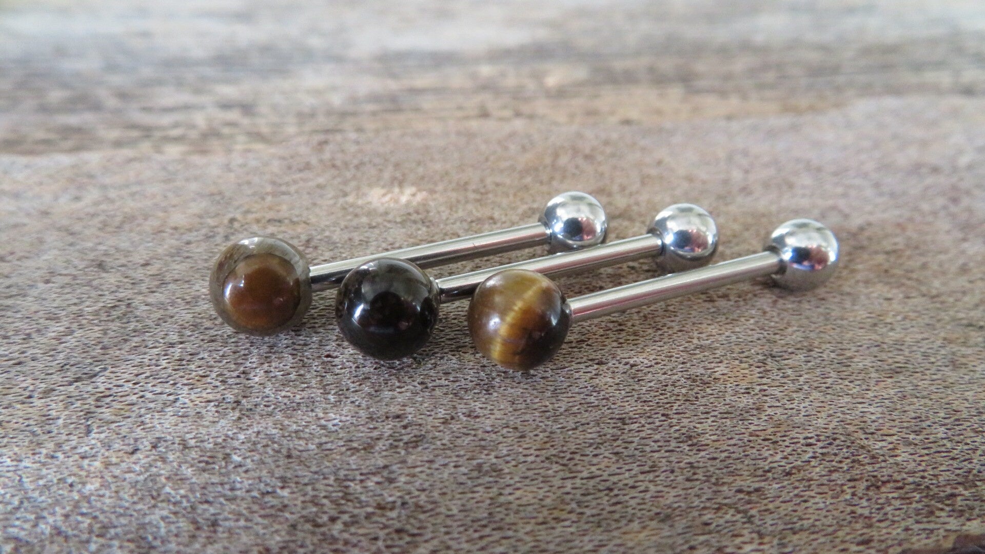 Yellow Tiger's Eye Natural Stone Tongue Ring Barbell Bar 14G (1.6mm) Piercing Piercings Barbells Hypoallergenic 316L Surgical Steel