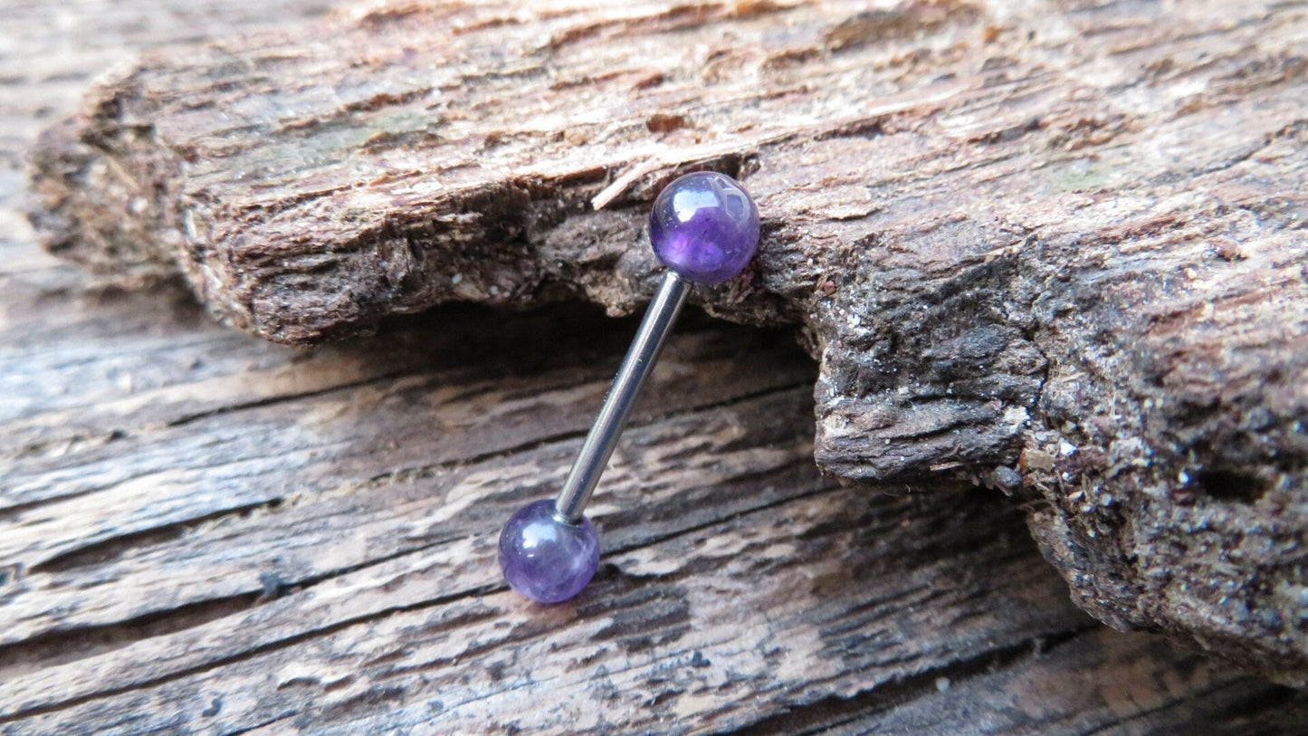 Petite Steel Natural Amethyst Stone Nipple Tongue Ring Barbell 14G (1.6mm) Piercing Piercings Barbells Bars Hypoallergenic Surgical Silver