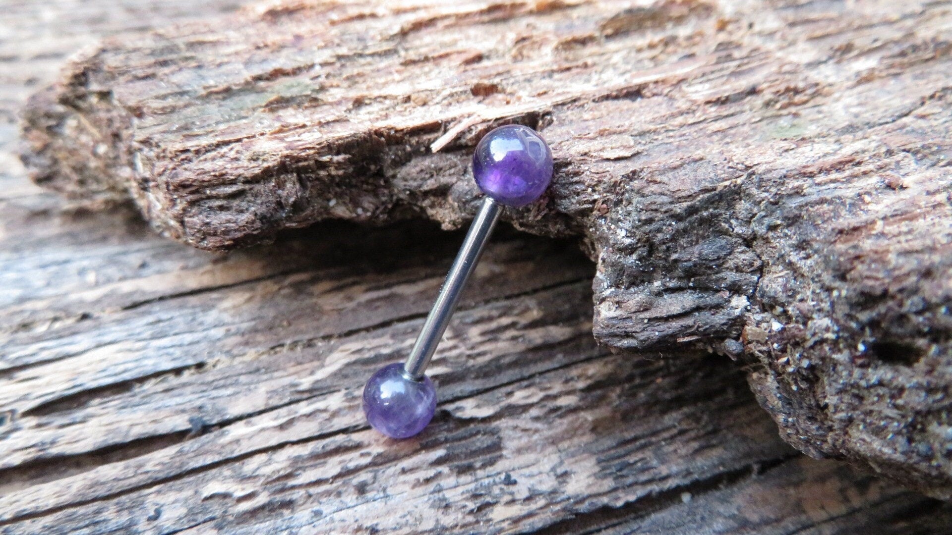 Petite Steel Natural Amethyst Stone Nipple Tongue Ring Barbell 14G (1.6mm) Piercing Piercings Barbells Bars Hypoallergenic Surgical Silver