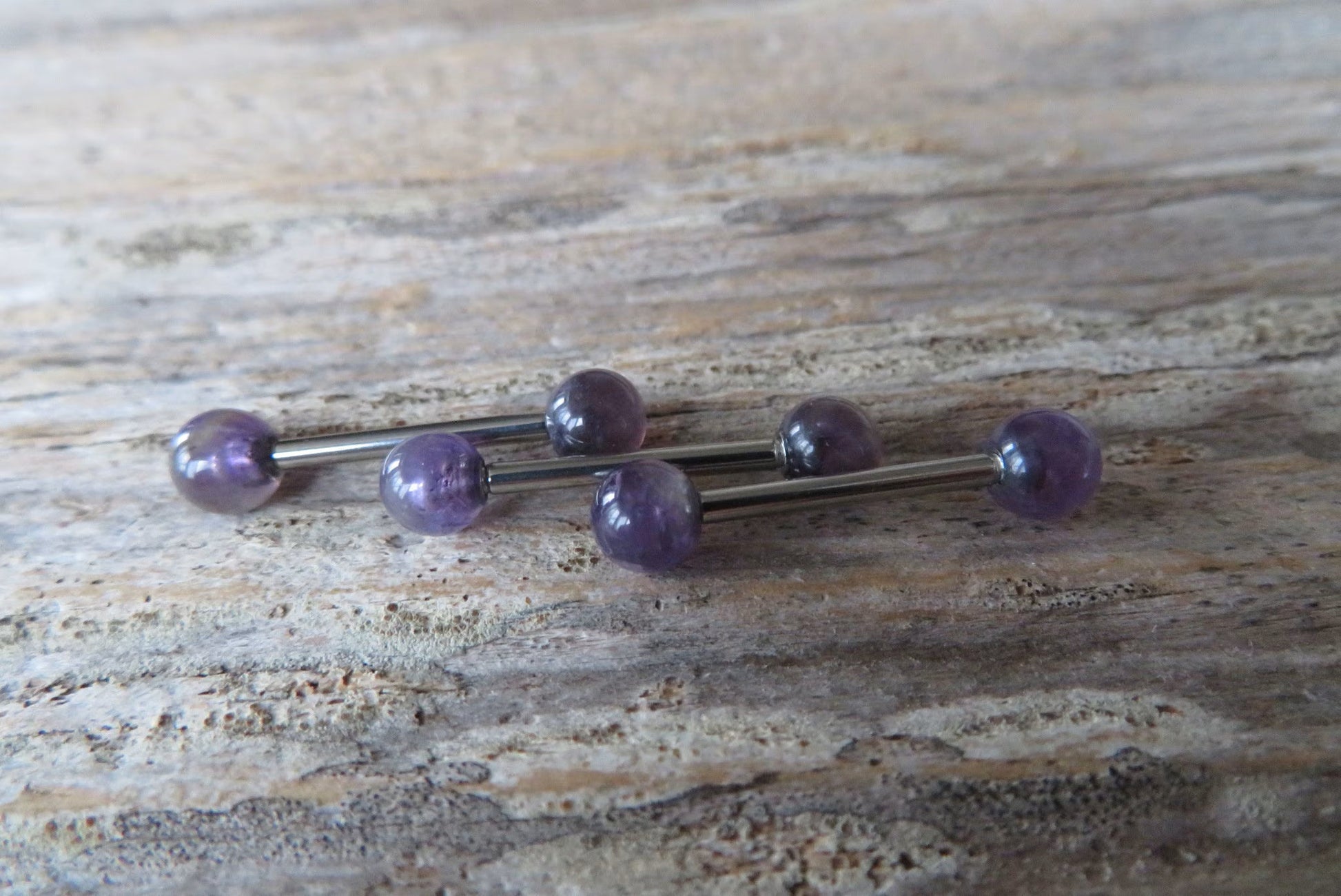 Petite Steel Natural Amethyst Stone Nipple Tongue Ring Barbell 14G (1.6mm) Piercing Piercings Barbells Bars Hypoallergenic Surgical Silver