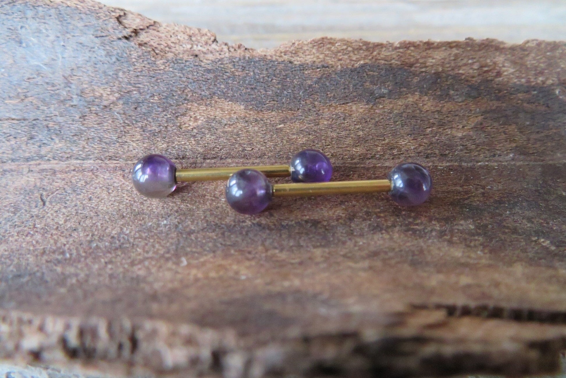 Petite Stones Gold Titanium Ion Plated Natural Purple Amethyst 5mm Stone Nipple Tongue Ring 14G (1.6mm) Barbell Barbells Bars Piercing