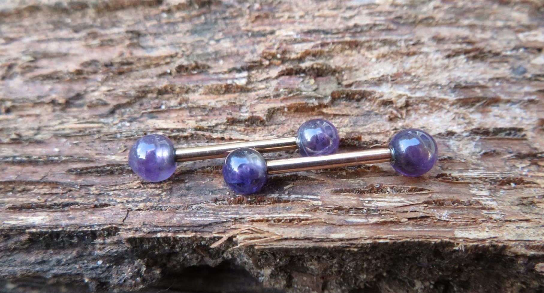 Petite Stones Rose Gold Titanium Ion Plated Natural Purple Amethyst 5mm Stone Nipple Tongue Ring 14G (1.6mm) Barbell Barbells Bars Piercing