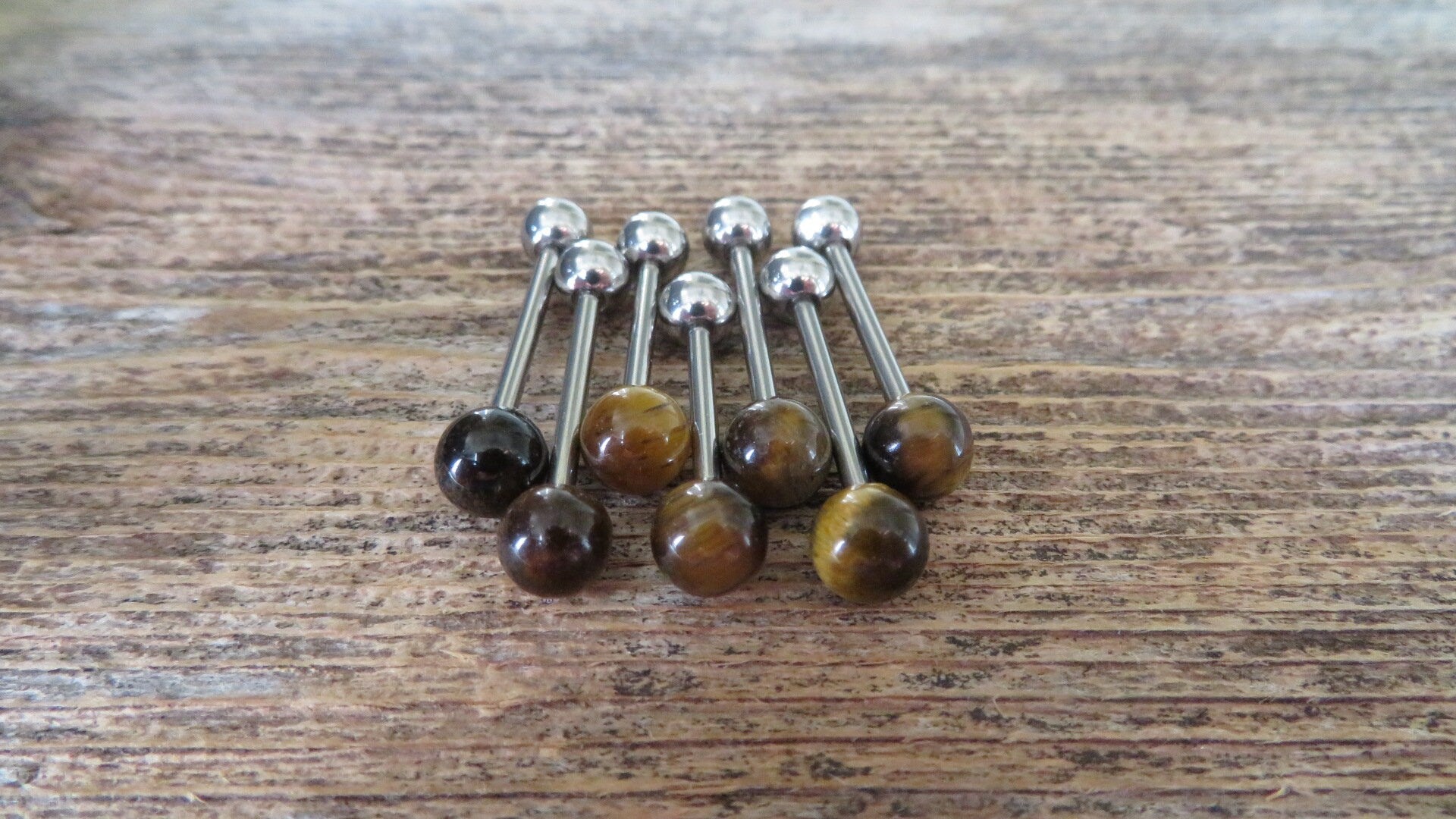 Yellow Tiger's Eye Natural Stone Tongue Ring Barbell Bar 14G (1.6mm) Piercing Piercings Barbells Hypoallergenic 316L Surgical Steel