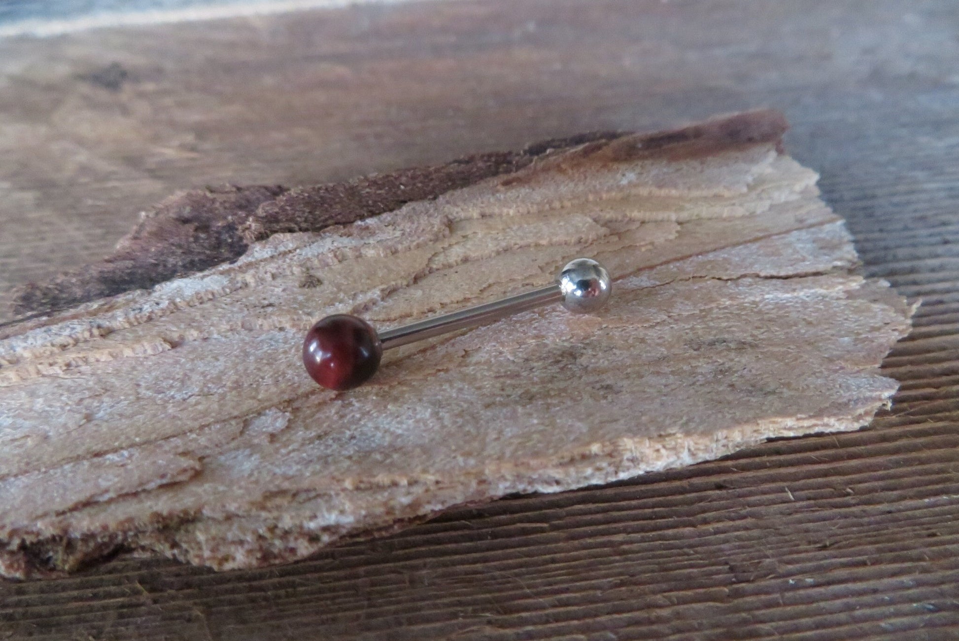 Red Tiger's Eye Natural Stone Tongue Ring Barbell Bar 14G (1.6mm) Piercing Piercings Barbells Hypoallergenic 316L Surgical Steel