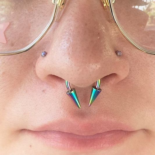 Rainbow Titanium Ion Plated Long Spikes 16G (1.2mm) Horseshoe Ring Septum Piercing 316L Steel Spiked Piercings