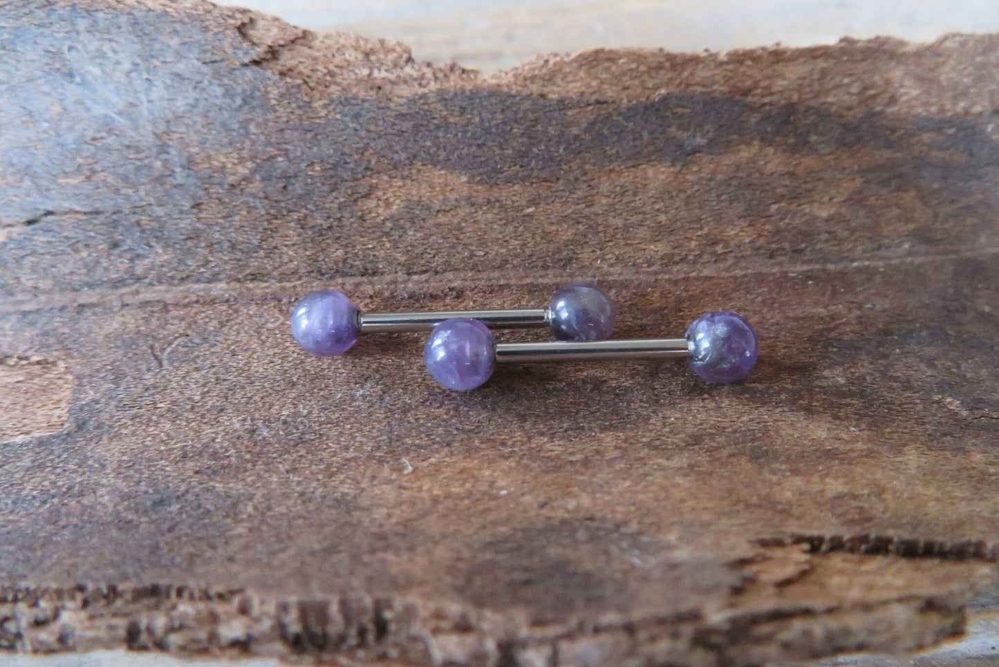 Petite Steel Natural Amethyst Stone Nipple Tongue Ring Barbell 14G (1.6mm) Piercing Piercings Barbells Bars Hypoallergenic Surgical Silver