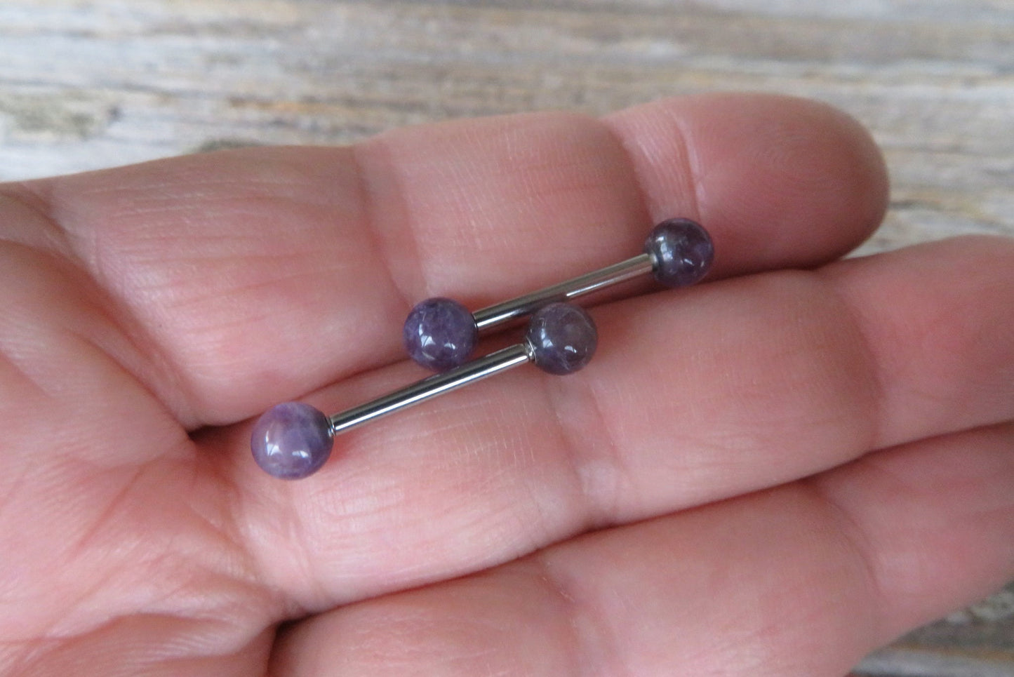 Petite Steel Natural Amethyst Stone Nipple Tongue Ring Barbell 14G (1.6mm) Piercing Piercings Barbells Bars Hypoallergenic Surgical Silver