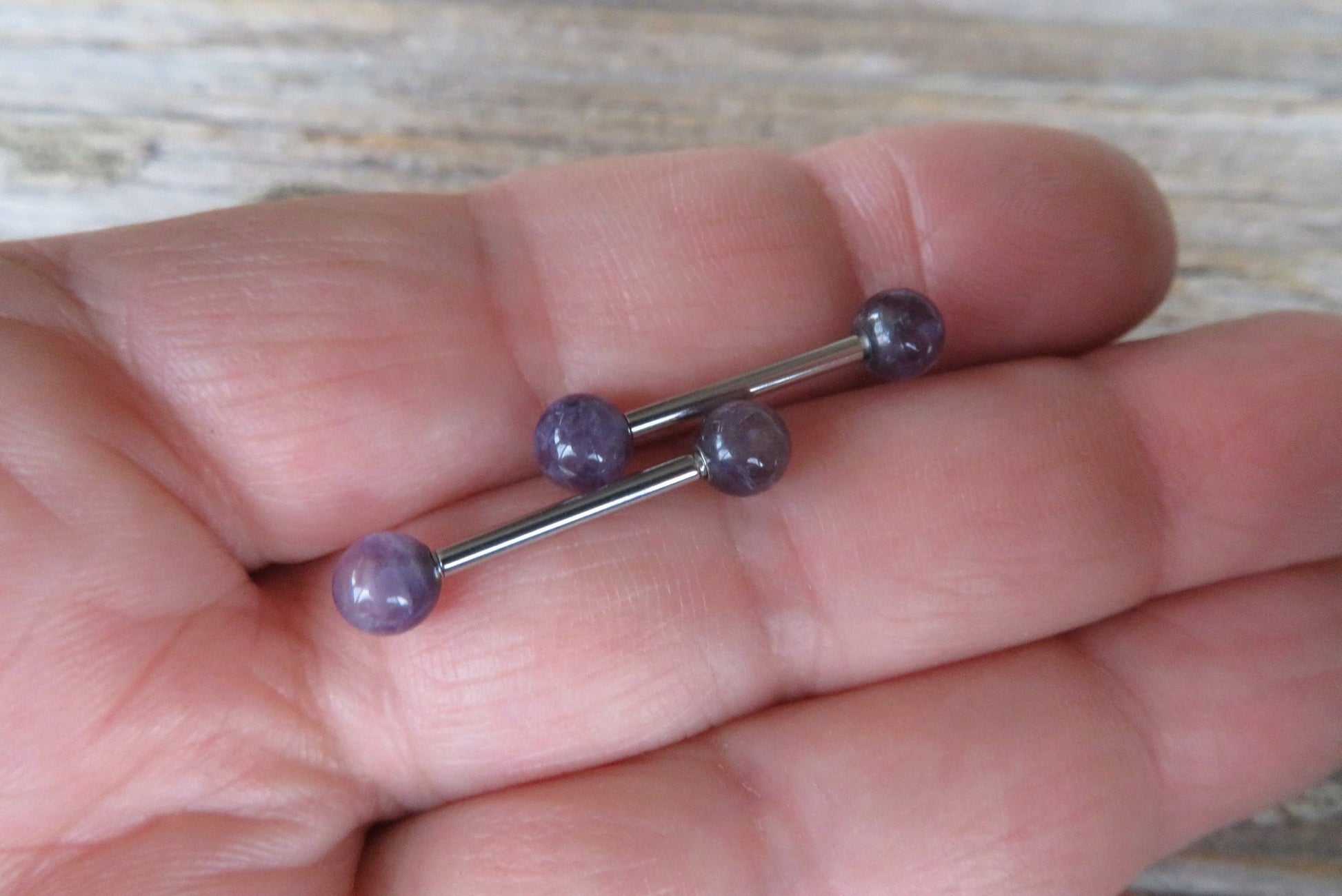 Petite Steel Natural Amethyst Stone Nipple Tongue Ring Barbell 14G (1.6mm) Piercing Piercings Barbells Bars Hypoallergenic Surgical Silver