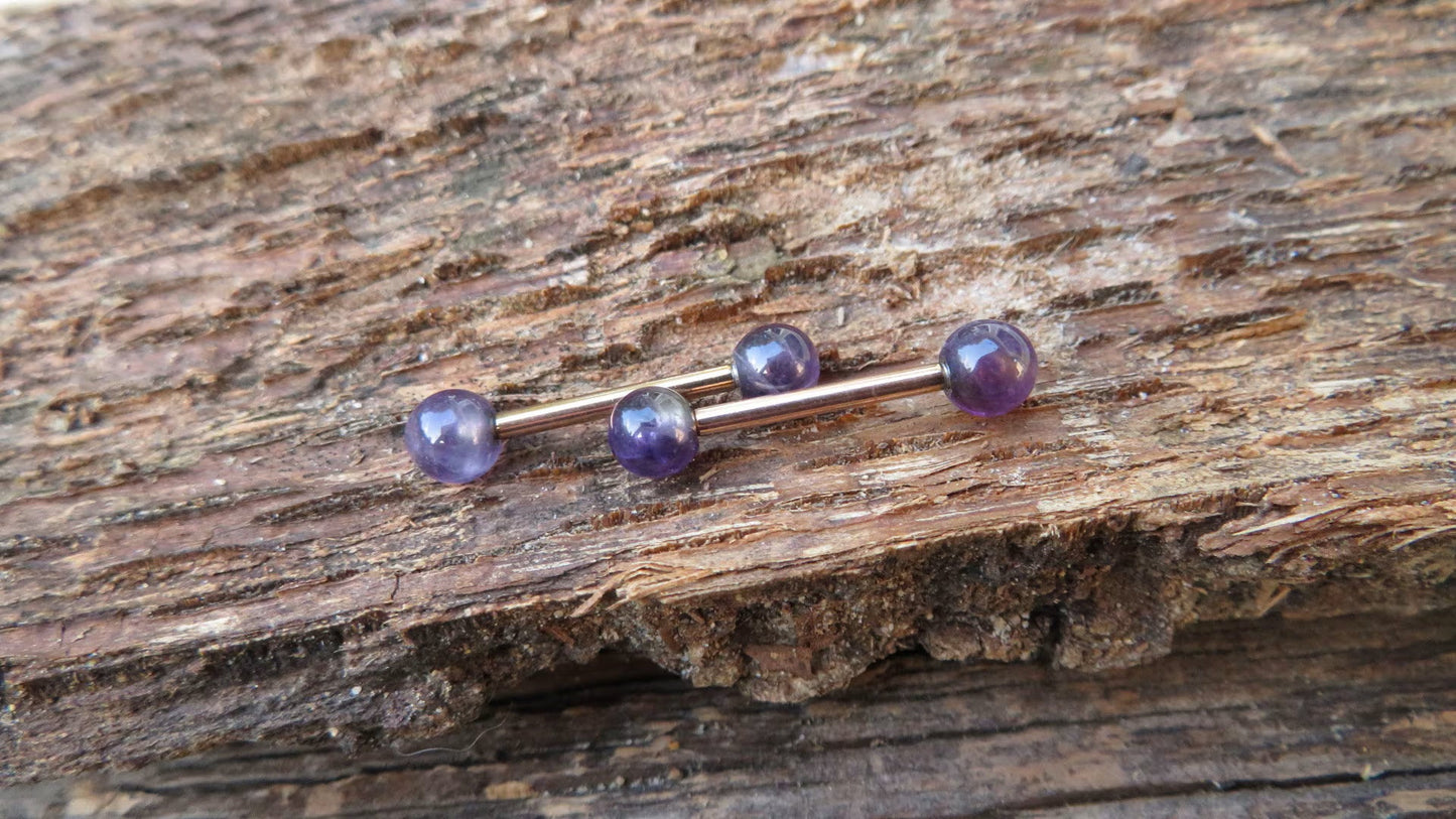 Petite Stones Rose Gold Titanium Ion Plated Natural Purple Amethyst 5mm Stone Nipple Tongue Ring 14G (1.6mm) Barbell Barbells Bars Piercing