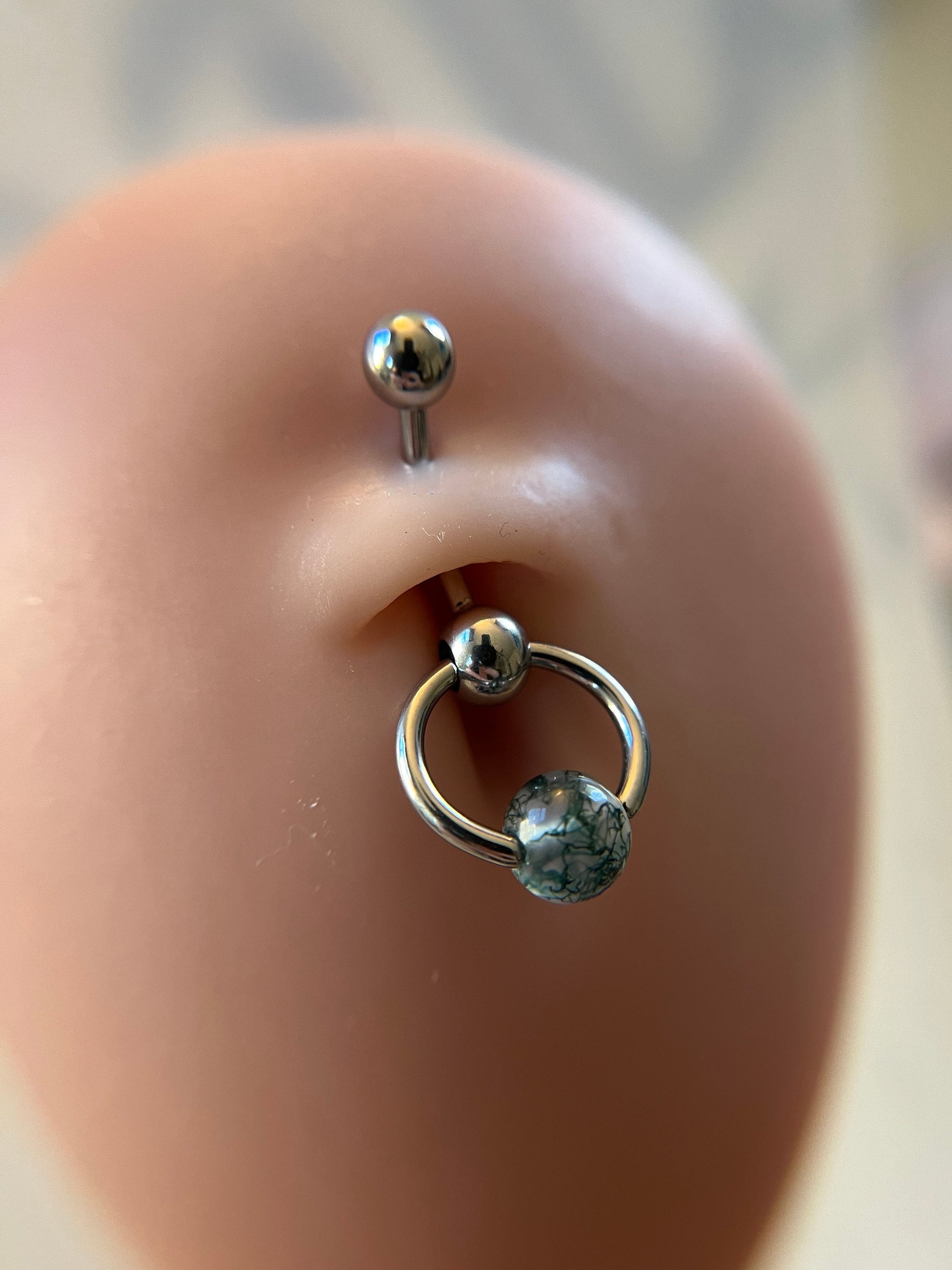 Natural Moss Agate Stone Slave Knocker Floating Belly Navel VCH Christina Barbell 14G (1.6mm) Piercing Hypoallergenic Surgical Steel Ring