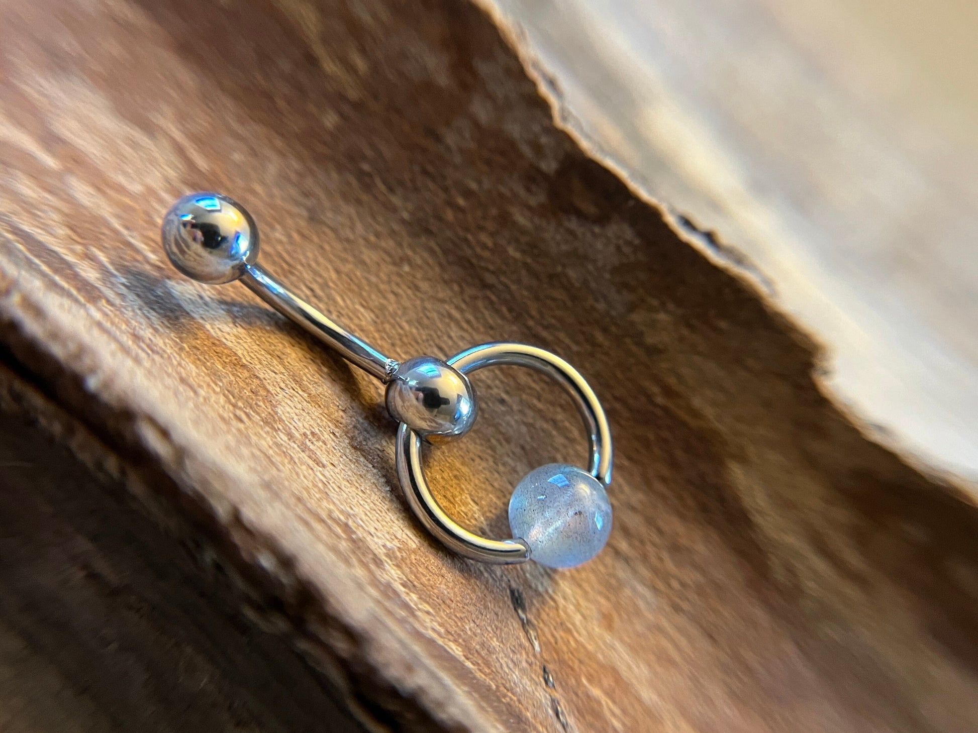 Natural Flash Labradorite Stone Slave Knocker Floating Belly Navel VCH Christina Barbell 14G (1.6mm) Piercing 316L Surgical Steel Ring