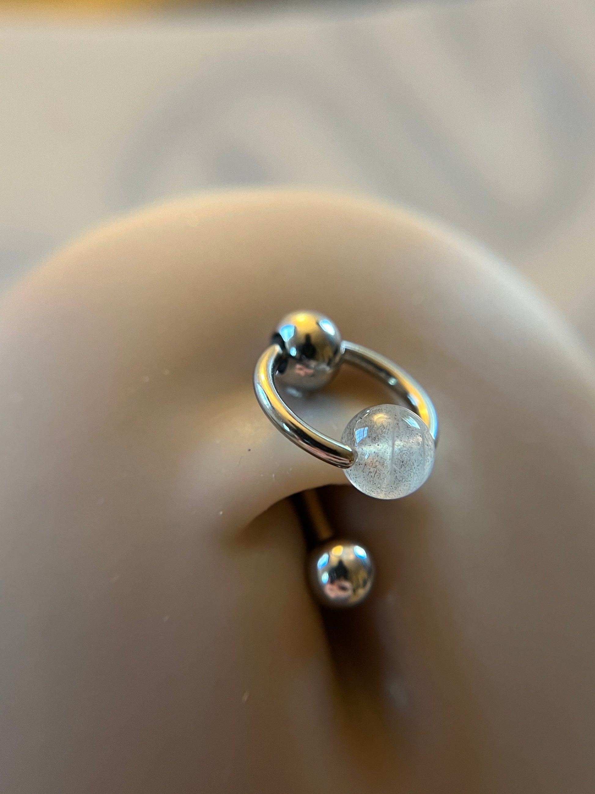Natural Flash Labradorite Stone Slave Knocker Floating Belly Navel VCH Christina Barbell 14G (1.6mm) Piercing 316L Surgical Steel Ring