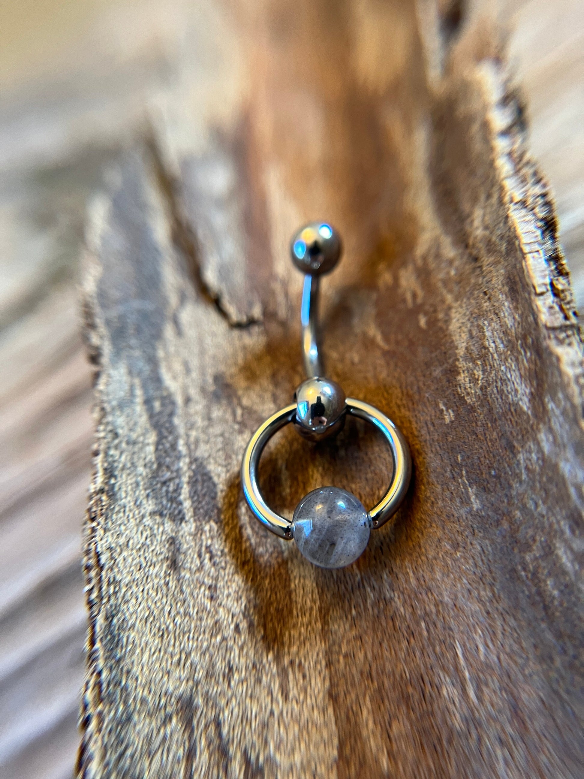 Natural Flash Labradorite Stone Slave Knocker Floating Belly Navel VCH Christina Barbell 14G (1.6mm) Piercing 316L Surgical Steel Ring