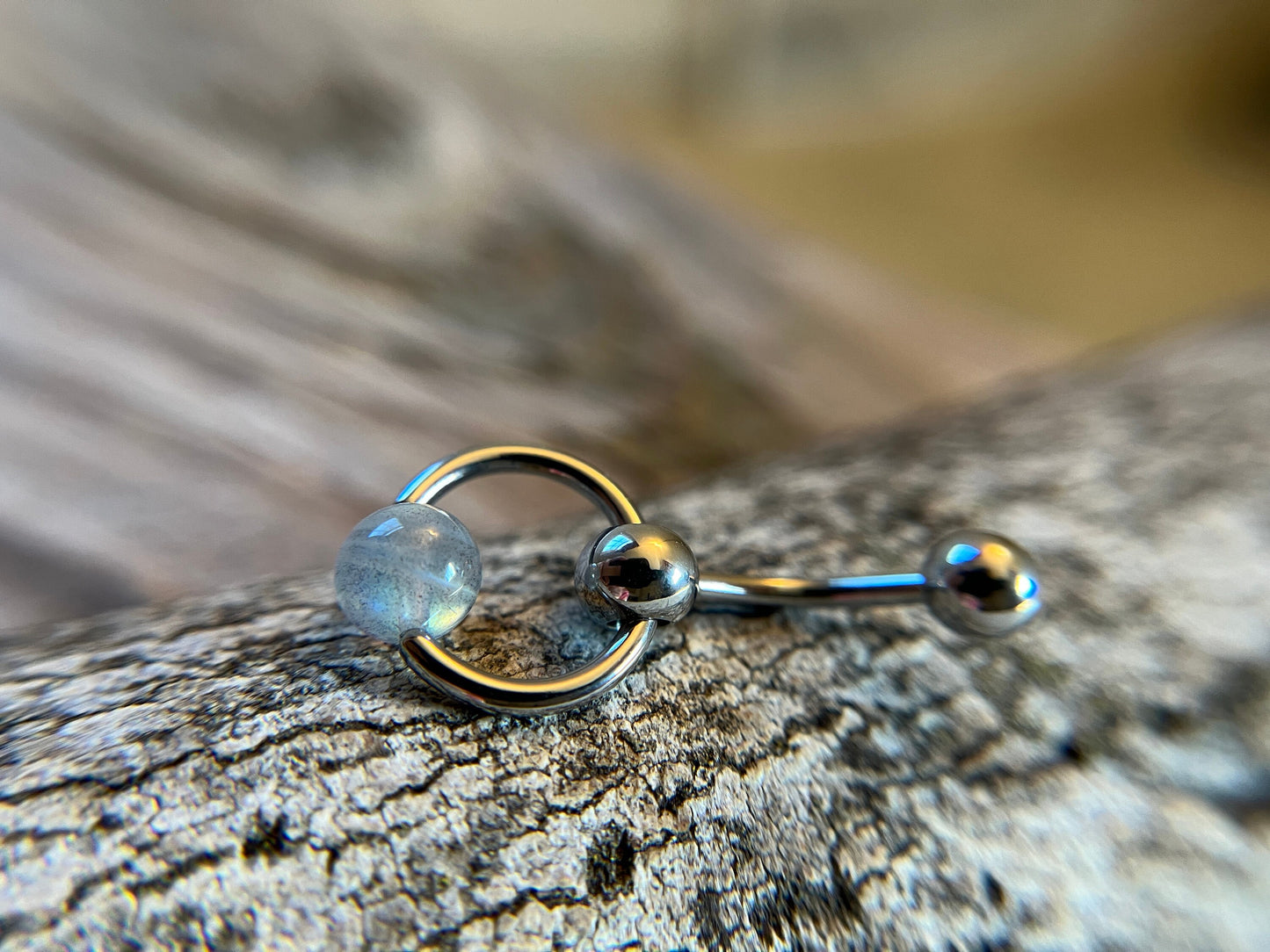 Natural Flash Labradorite Stone Slave Knocker Floating Belly Navel VCH Christina Barbell 14G (1.6mm) Piercing 316L Surgical Steel Ring