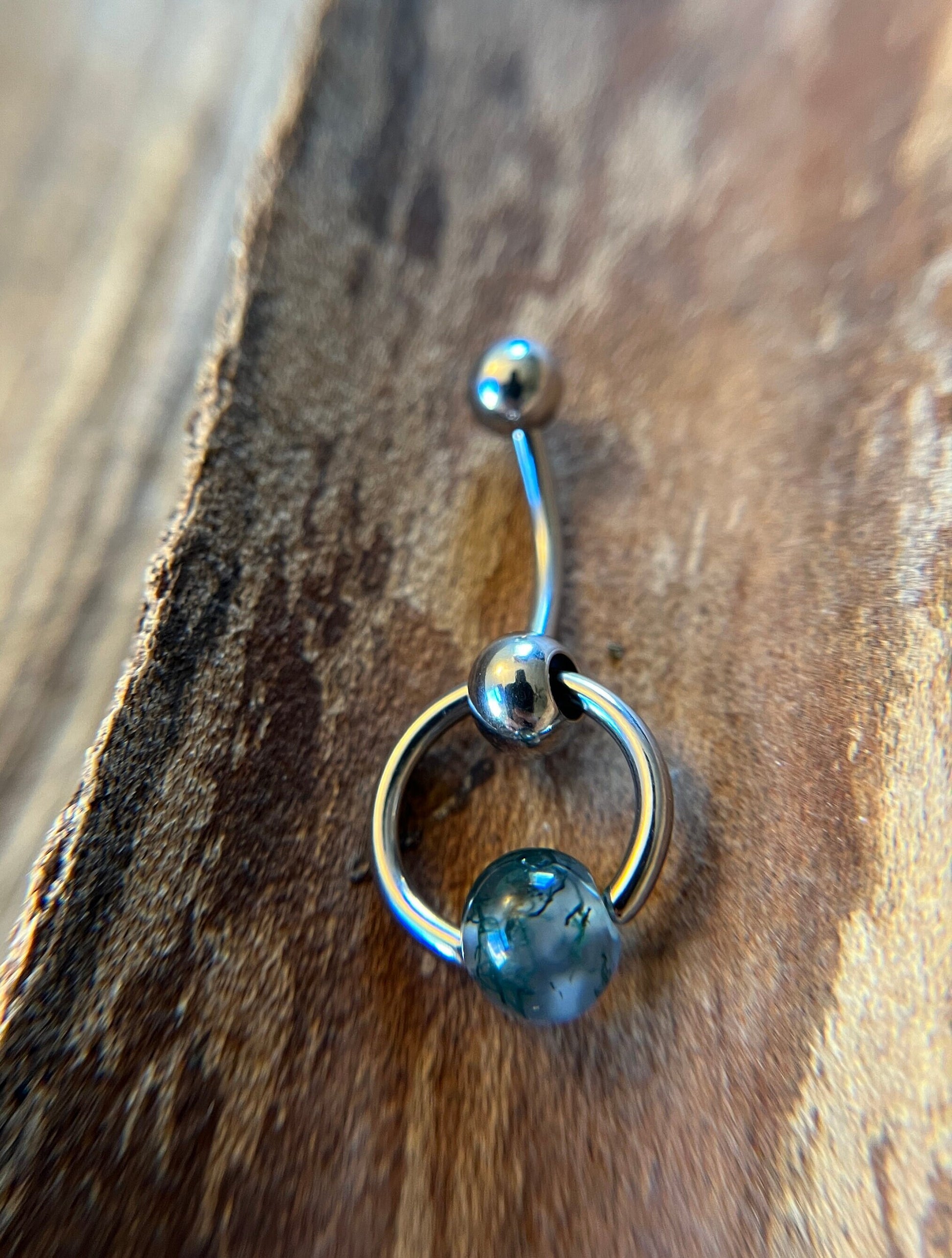 Natural Moss Agate Stone Slave Knocker Floating Belly Navel VCH Christina Barbell 14G (1.6mm) Piercing Hypoallergenic Surgical Steel Ring