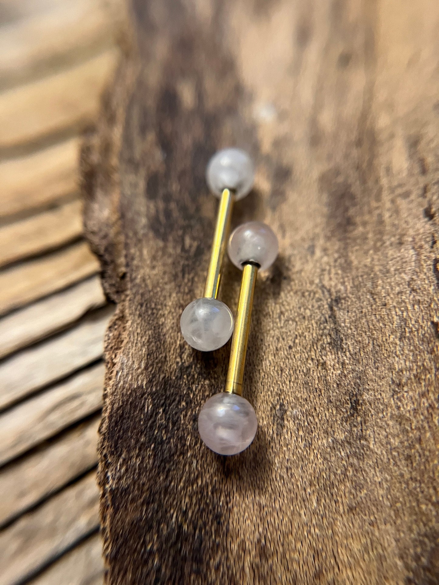 Gold Titanium Ion Plated Natural Pink Rose Quartz Stone Petite Nipple Tongue Ring 14G (1.6mm) Barbell Barbells Bars Piercing