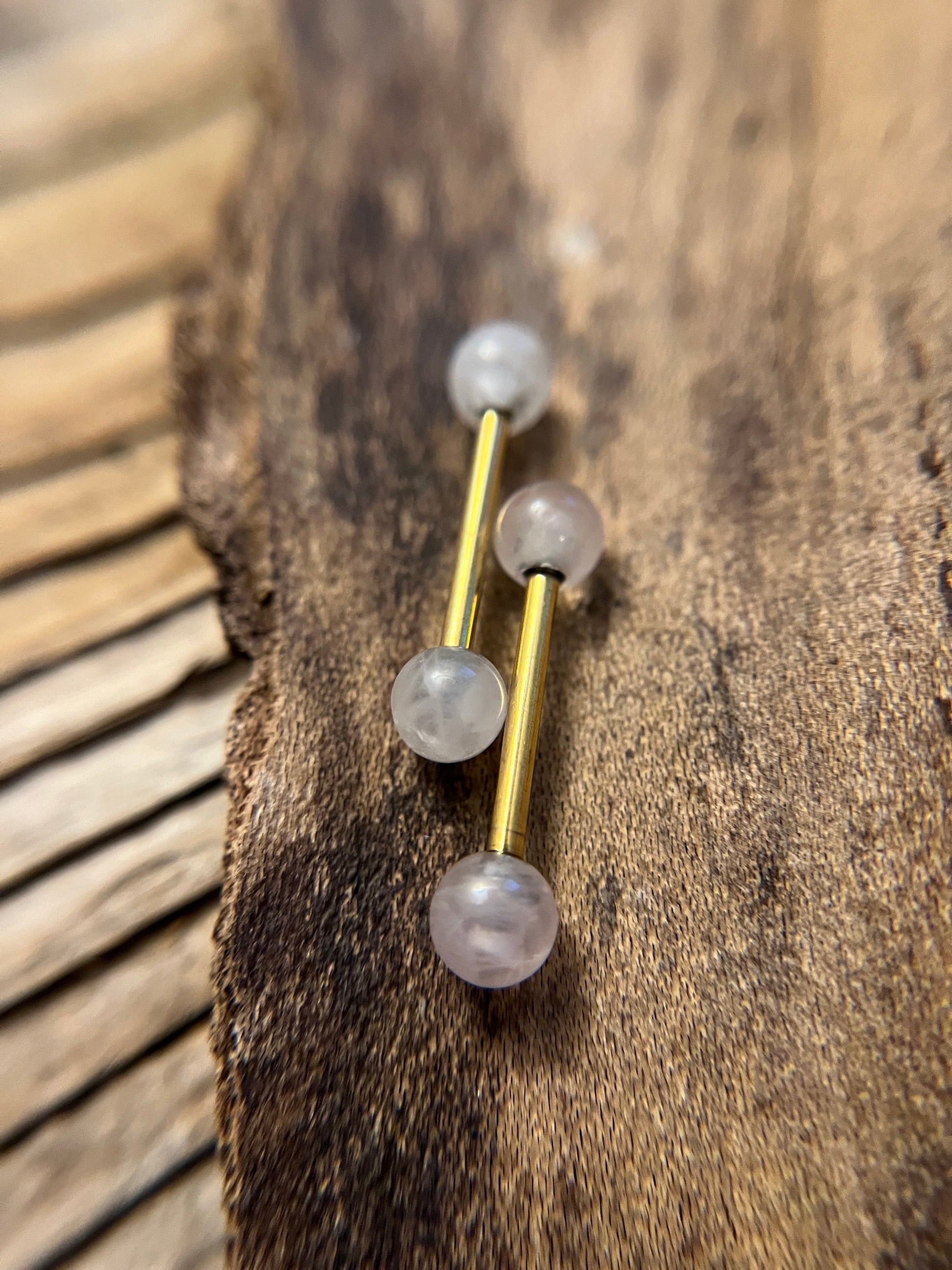Gold Titanium Ion Plated Natural Pink Rose Quartz Stone Petite Nipple Tongue Ring 14G (1.6mm) Barbell Barbells Bars Piercing