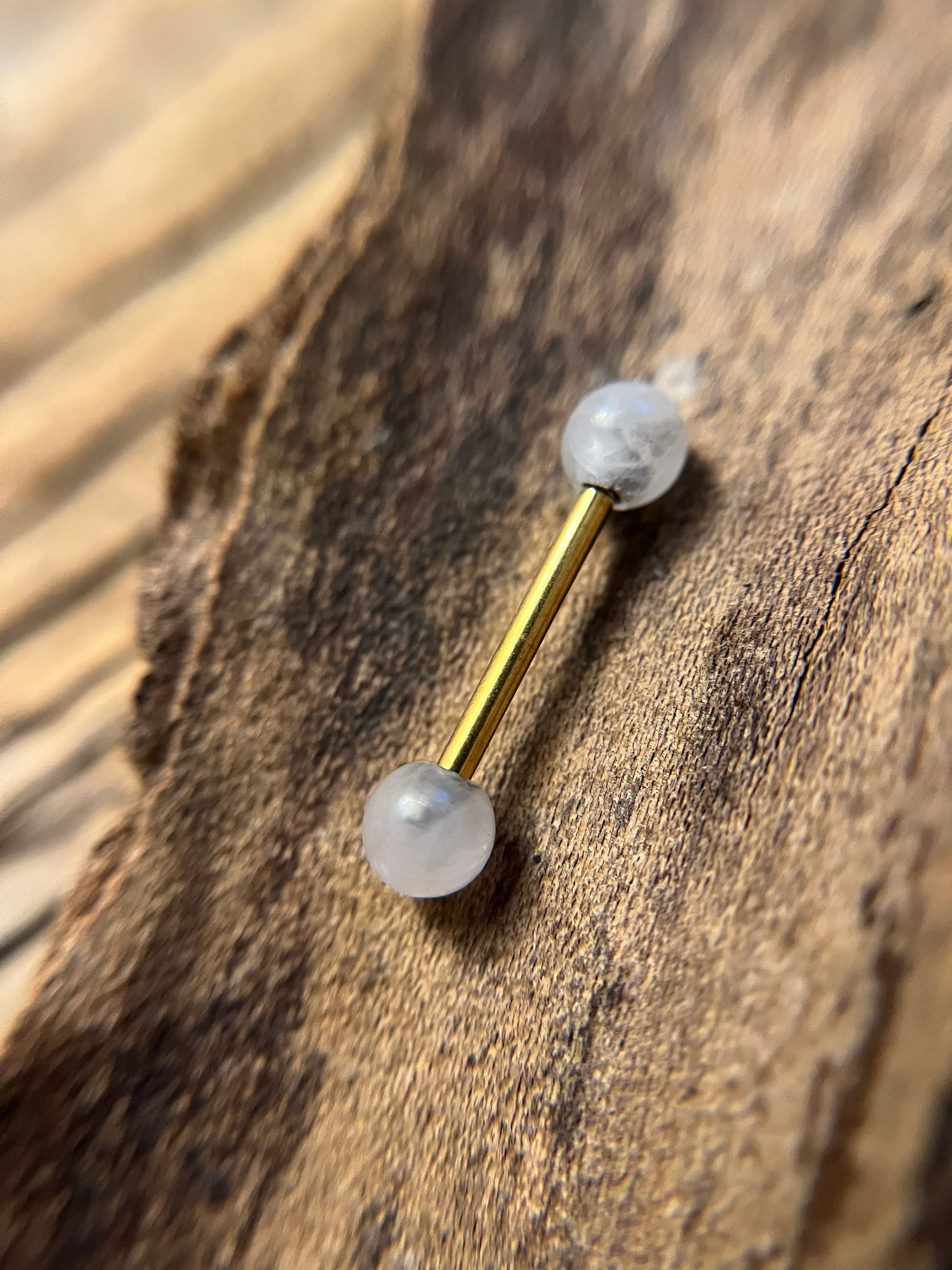 Gold Titanium Ion Plated Natural Pink Rose Quartz Stone Petite Nipple Tongue Ring 14G (1.6mm) Barbell Barbells Bars Piercing