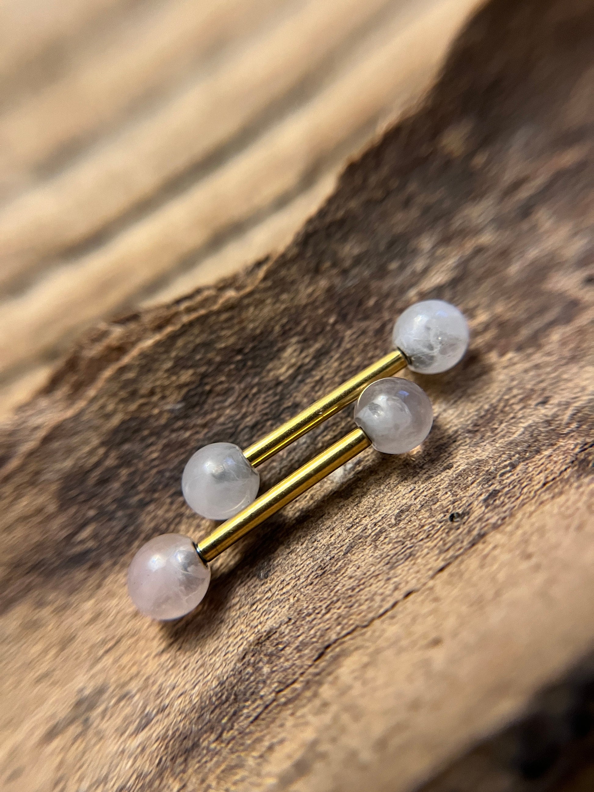 Gold Titanium Ion Plated Natural Pink Rose Quartz Stone Petite Nipple Tongue Ring 14G (1.6mm) Barbell Barbells Bars Piercing