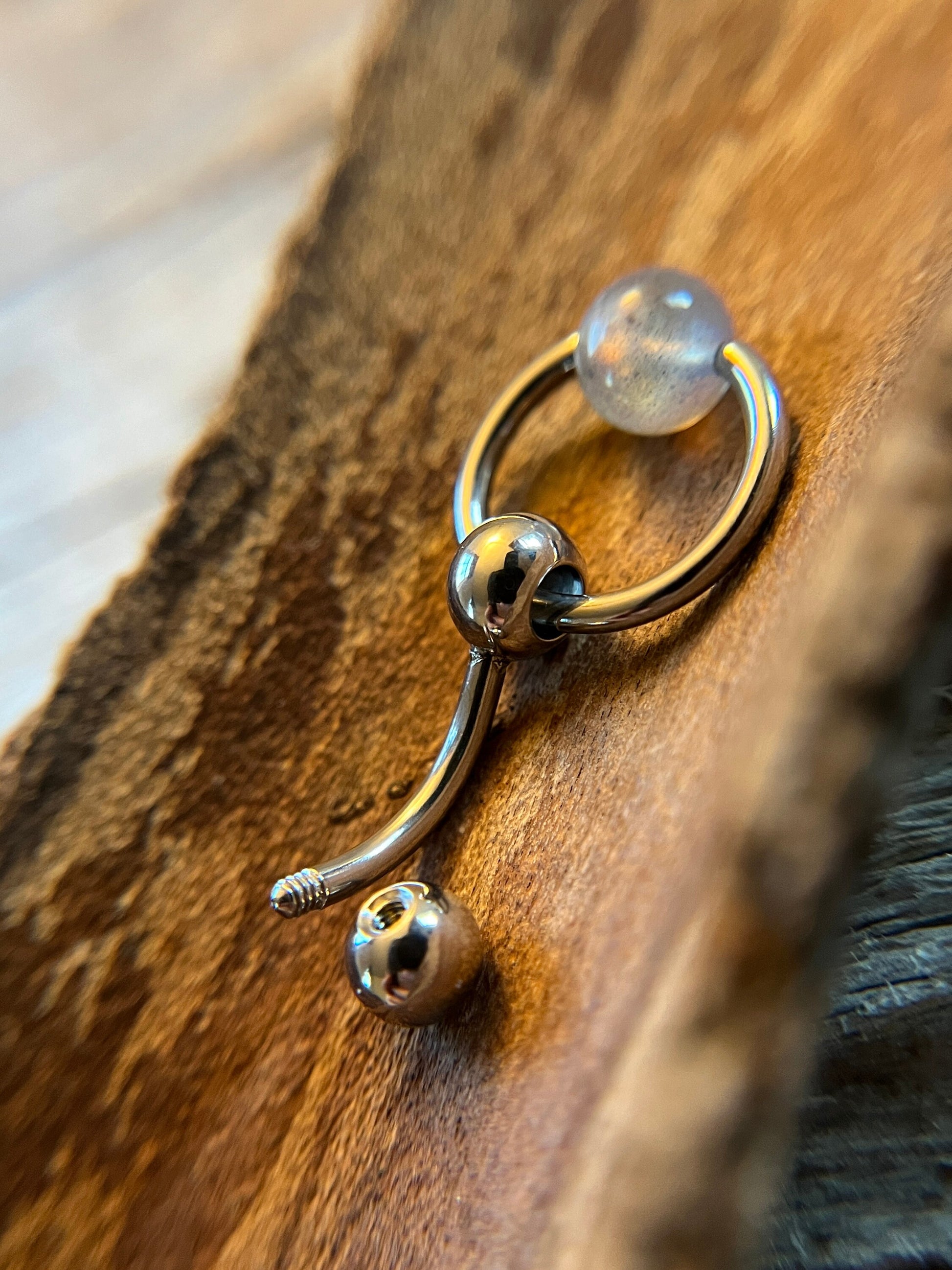 Natural Flash Labradorite Stone Slave Knocker Floating Belly Navel VCH Christina Barbell 14G (1.6mm) Piercing 316L Surgical Steel Ring
