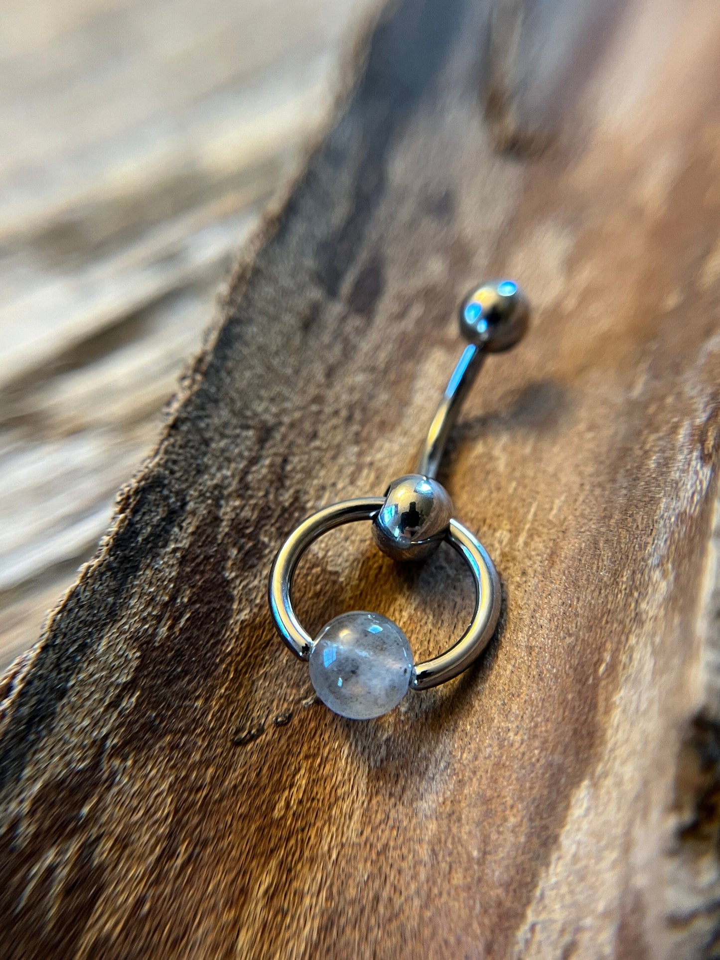 Natural Flash Labradorite Stone Slave Knocker Floating Belly Navel VCH Christina Barbell 14G (1.6mm) Piercing 316L Surgical Steel Ring