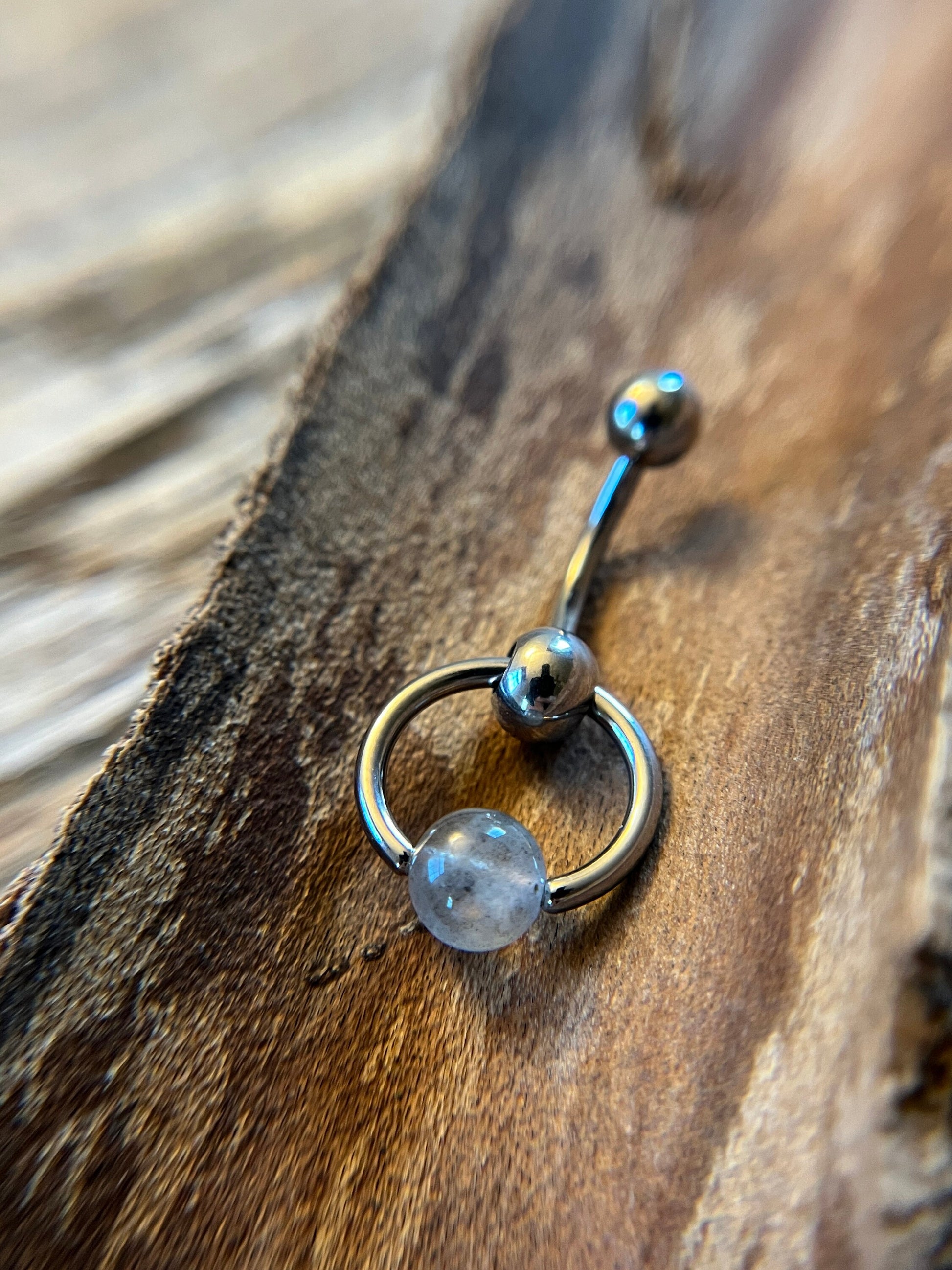 Natural Flash Labradorite Stone Slave Knocker Floating Belly Navel VCH Christina Barbell 14G (1.6mm) Piercing 316L Surgical Steel Ring