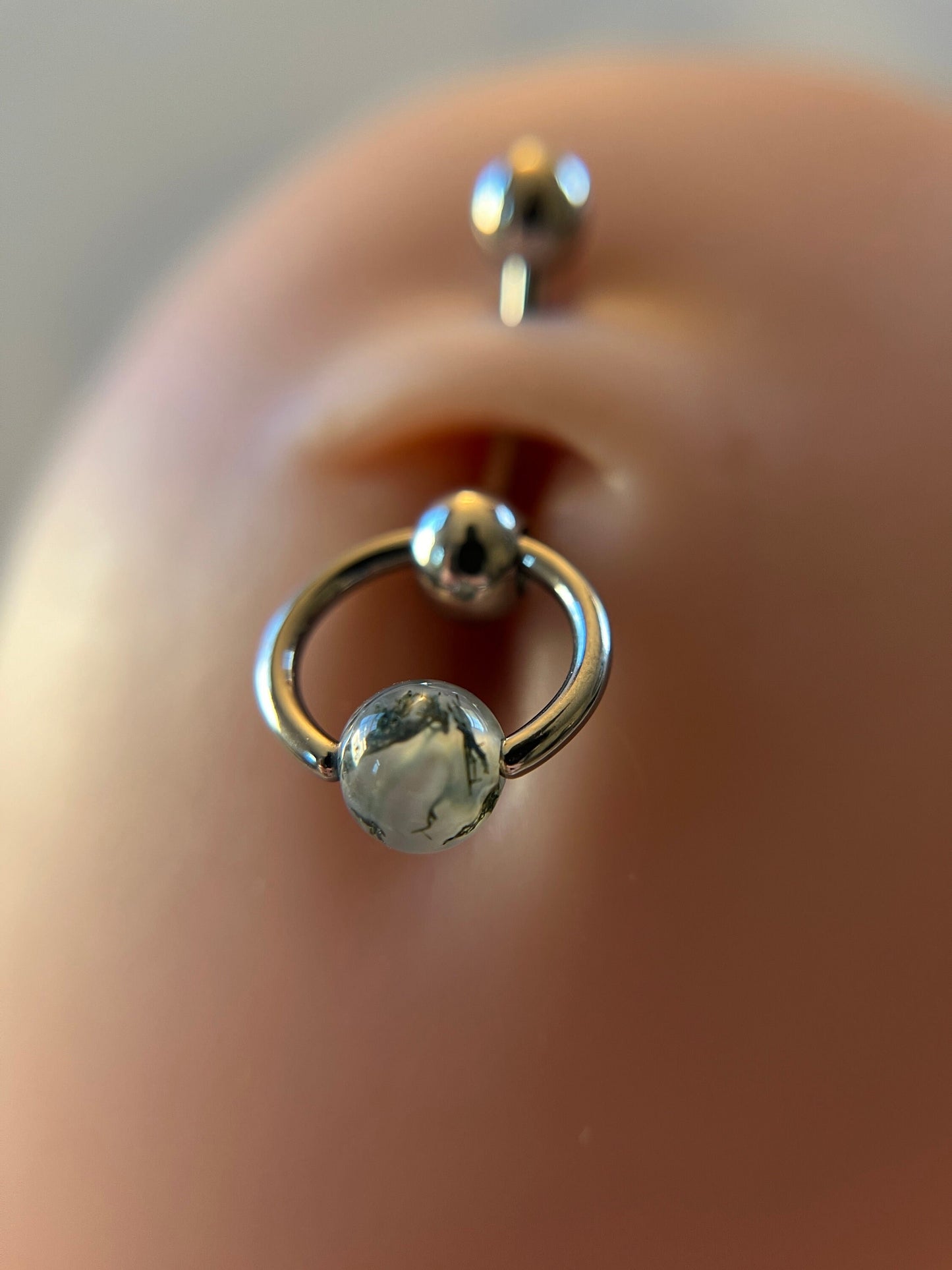 Natural Moss Agate Stone Slave Knocker Floating Belly Navel VCH Christina Barbell 14G (1.6mm) Piercing Hypoallergenic Surgical Steel Ring